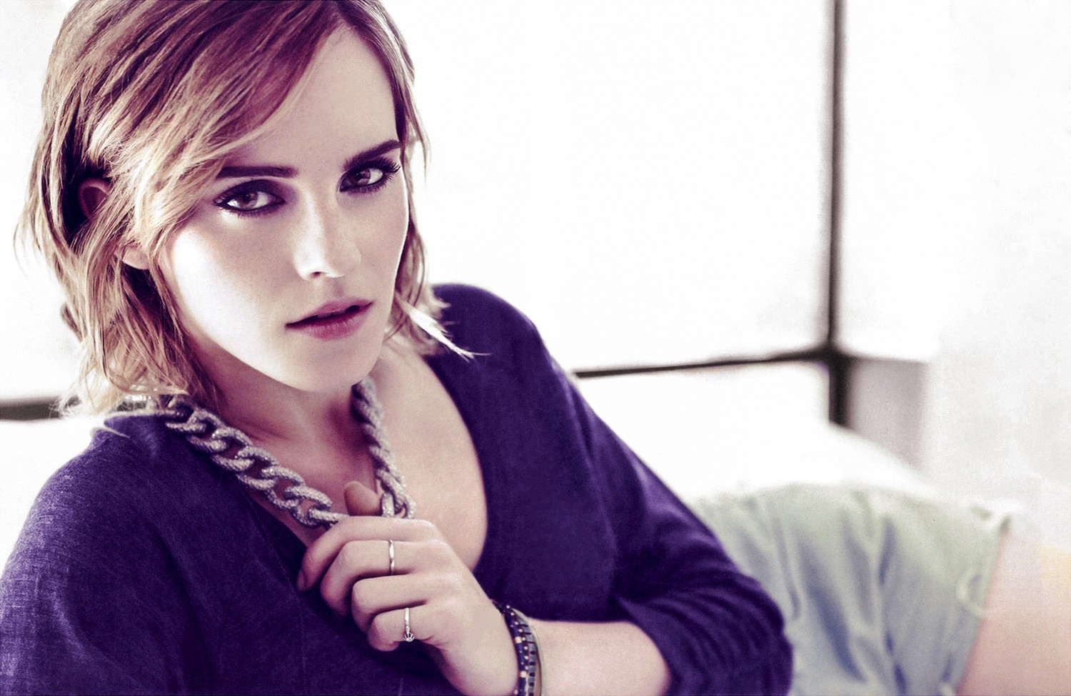 Emma Watson wearing a purple top and jewelry HD Wallpaper
