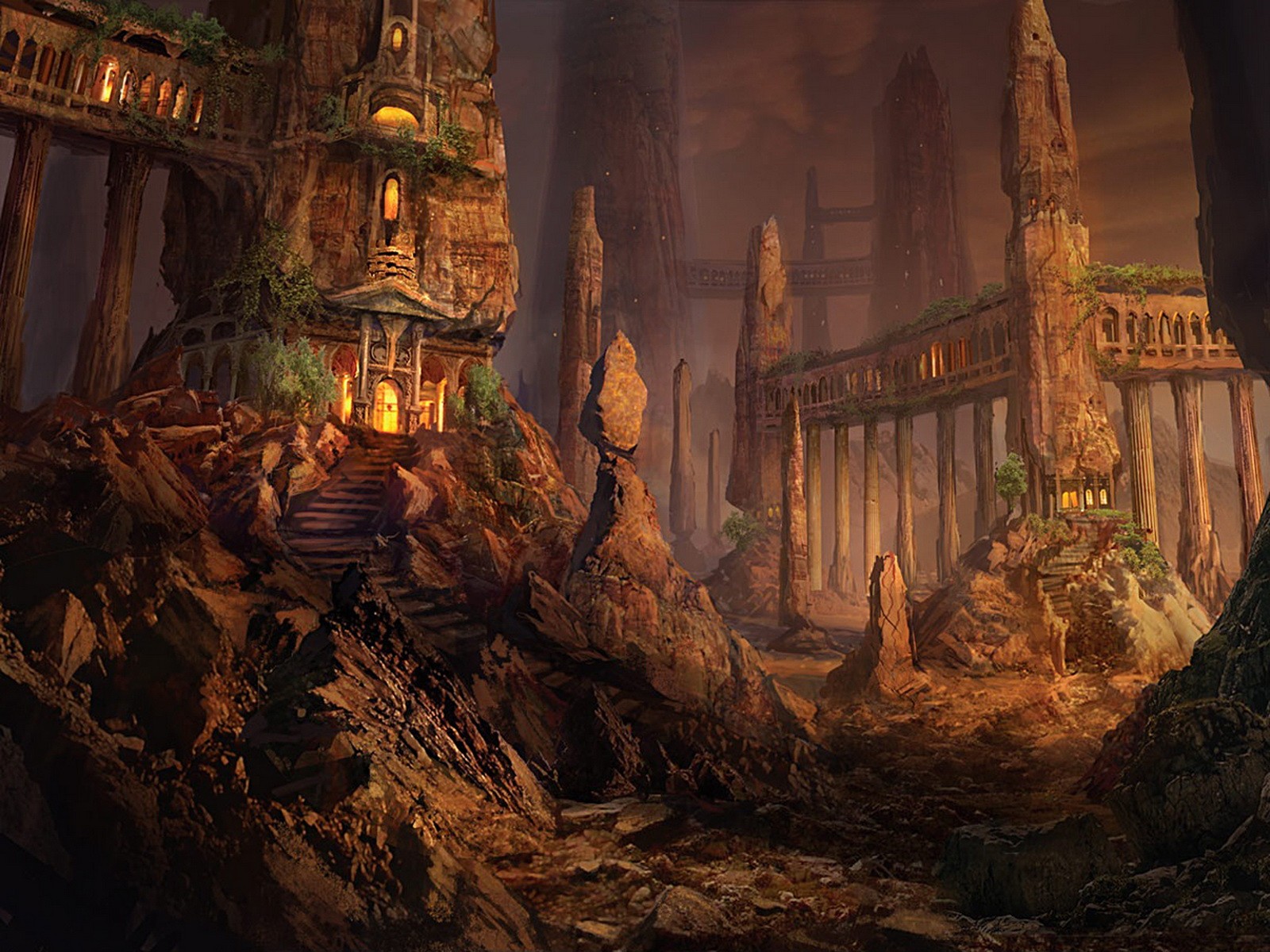 Fantasy art of ancient ruins on rocky cliffs HD Wallpaper
