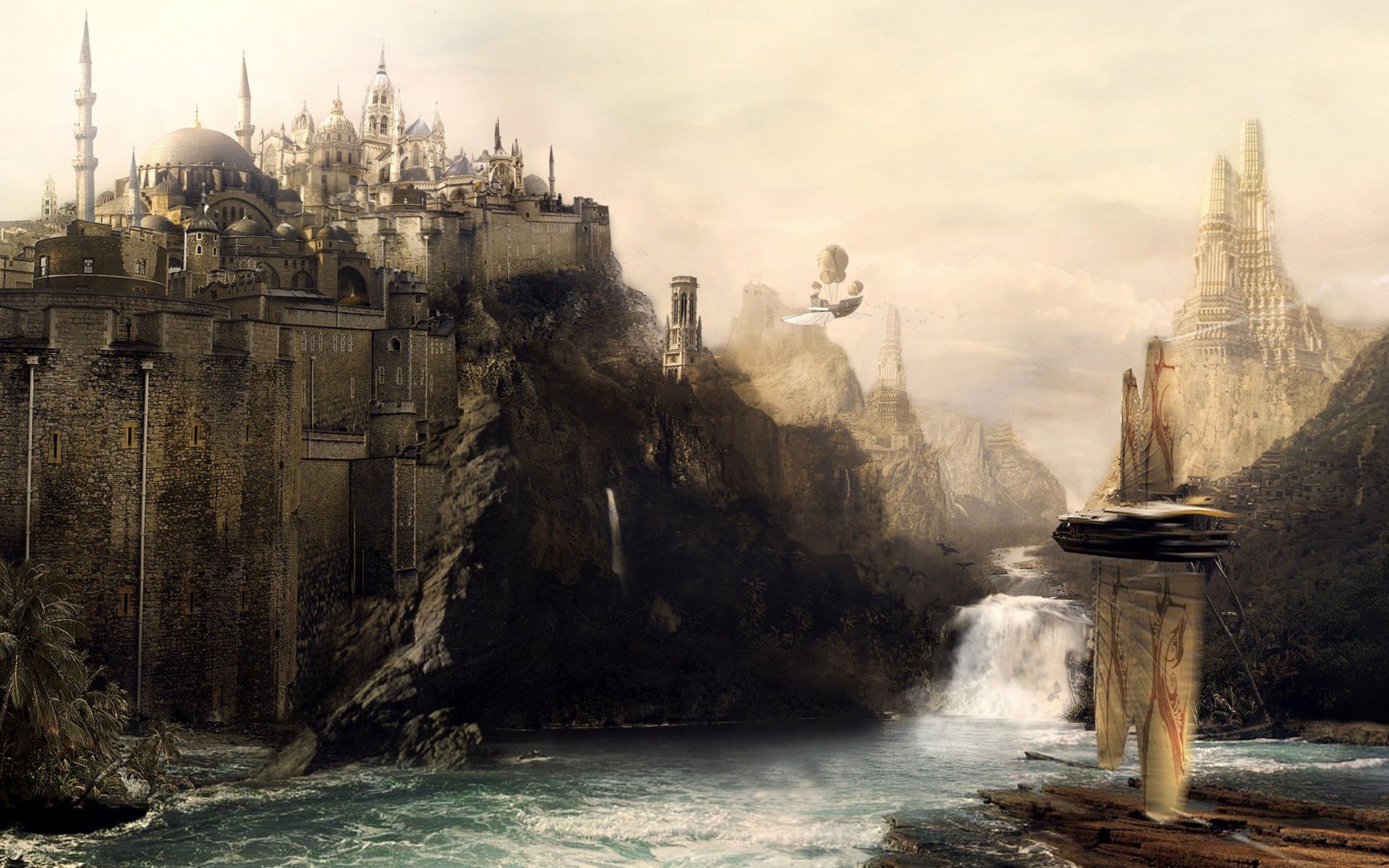 Fantasy city with waterfalls and flying vehicles HD Wallpaper
