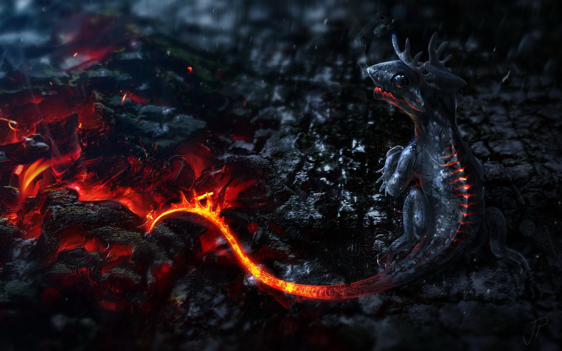 Fantasy creature with antlers near lava HD Wallpaper