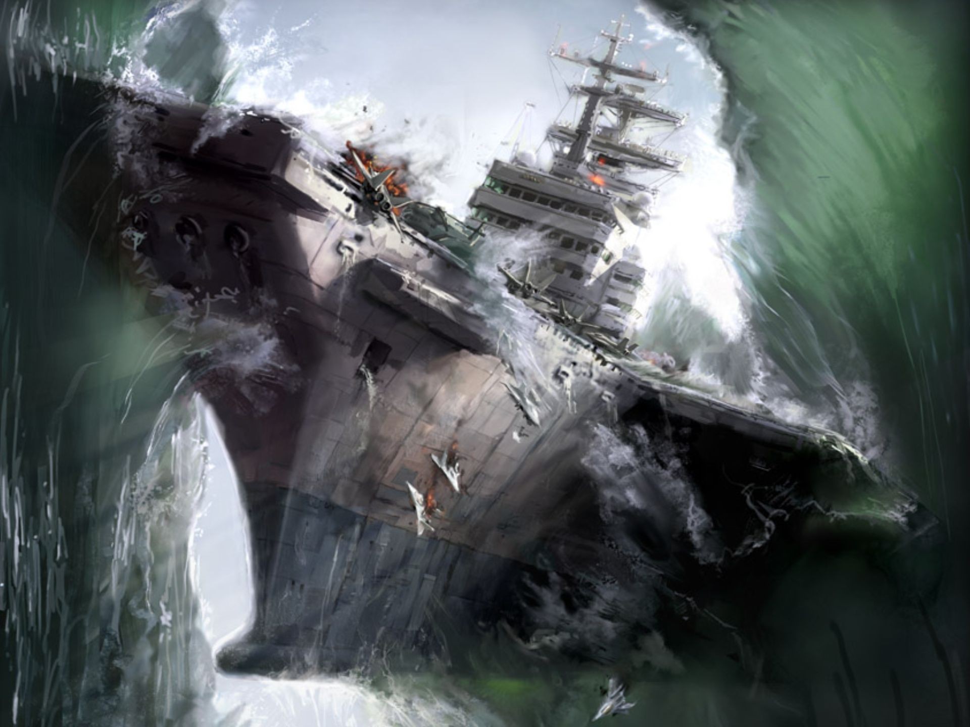 Artwork of a damaged aircraft carrier in rough seas HD Wallpaper