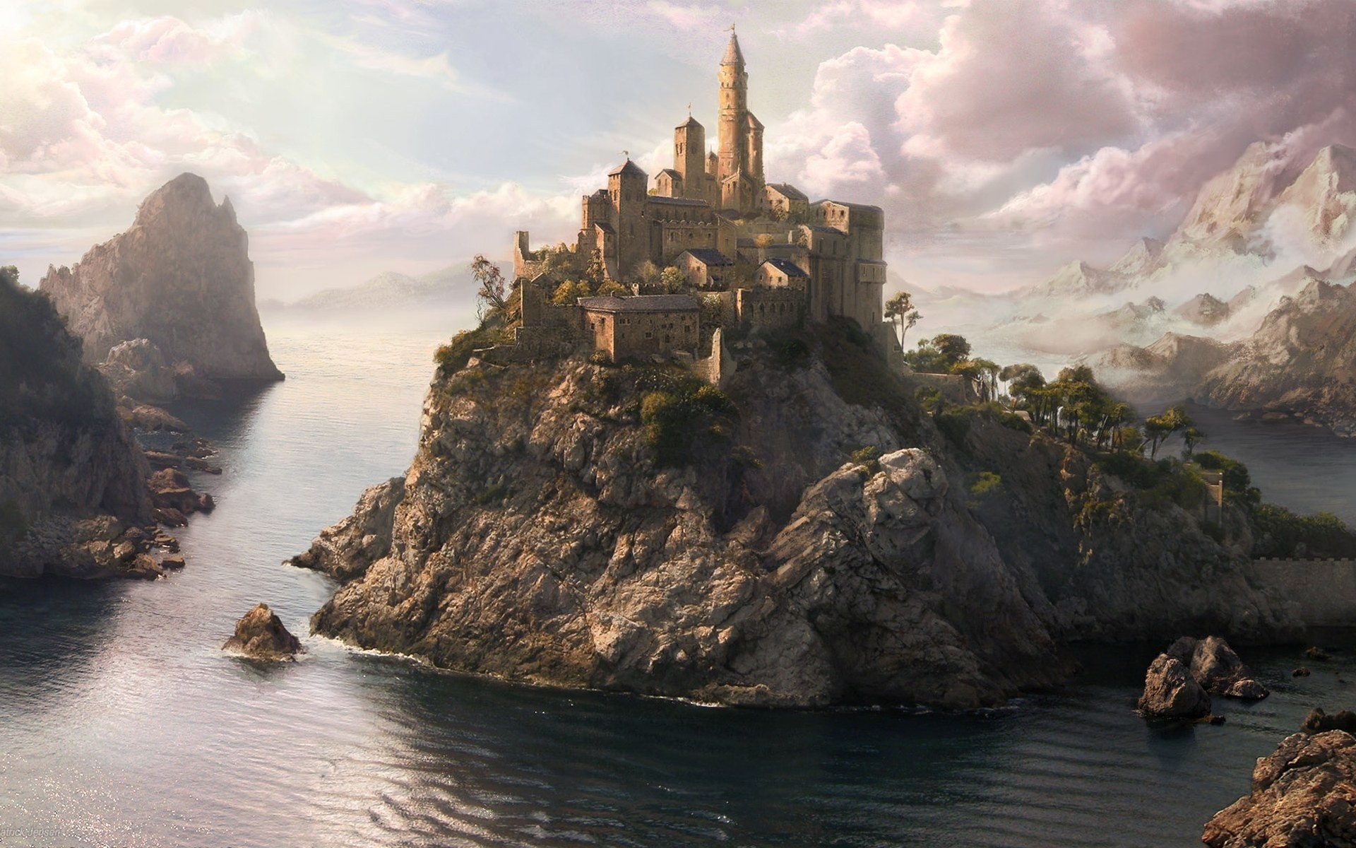 Fantasy city on a rocky island overlooking the sea HD Wallpaper