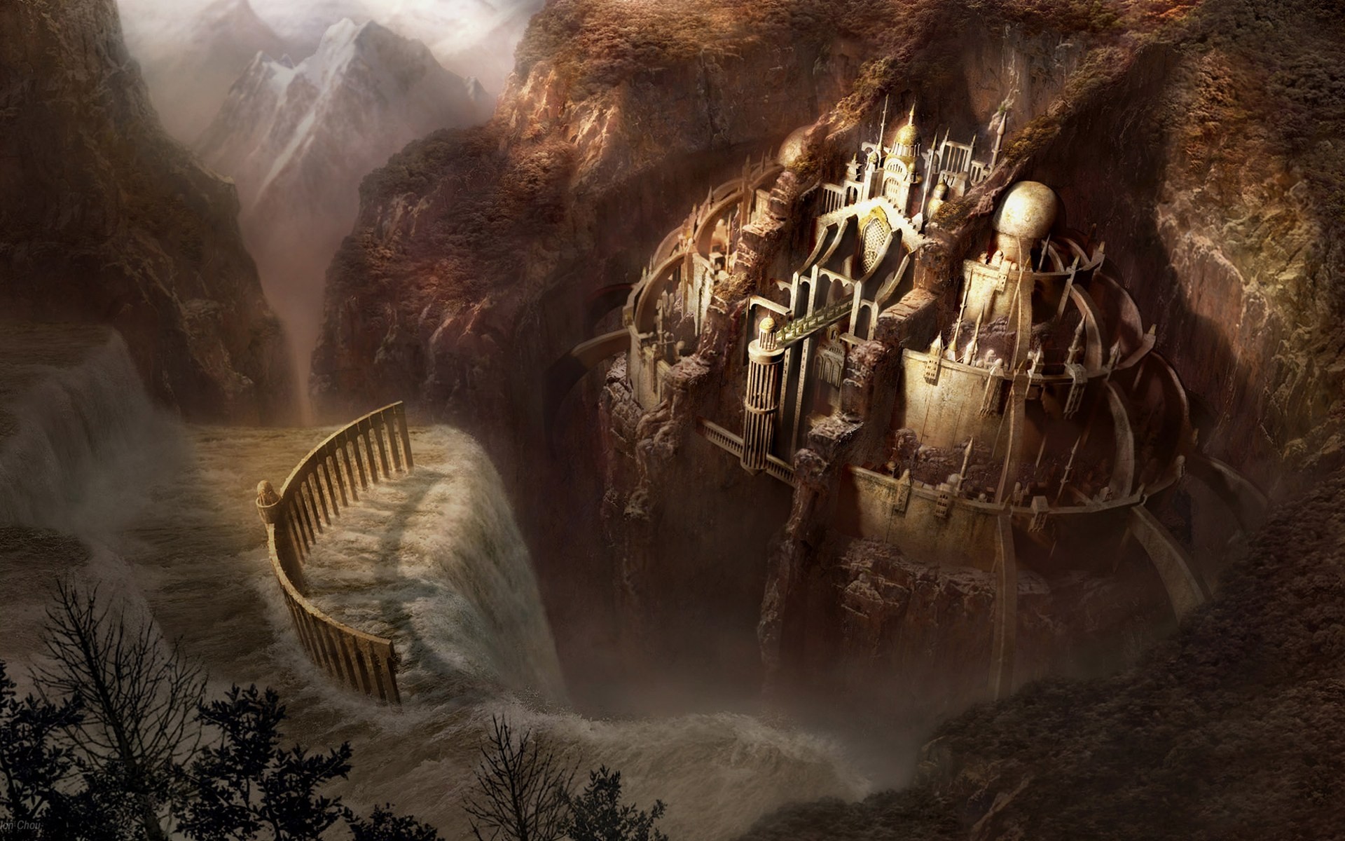 Fantasy city built into a cliffside with waterfalls HD Wallpaper