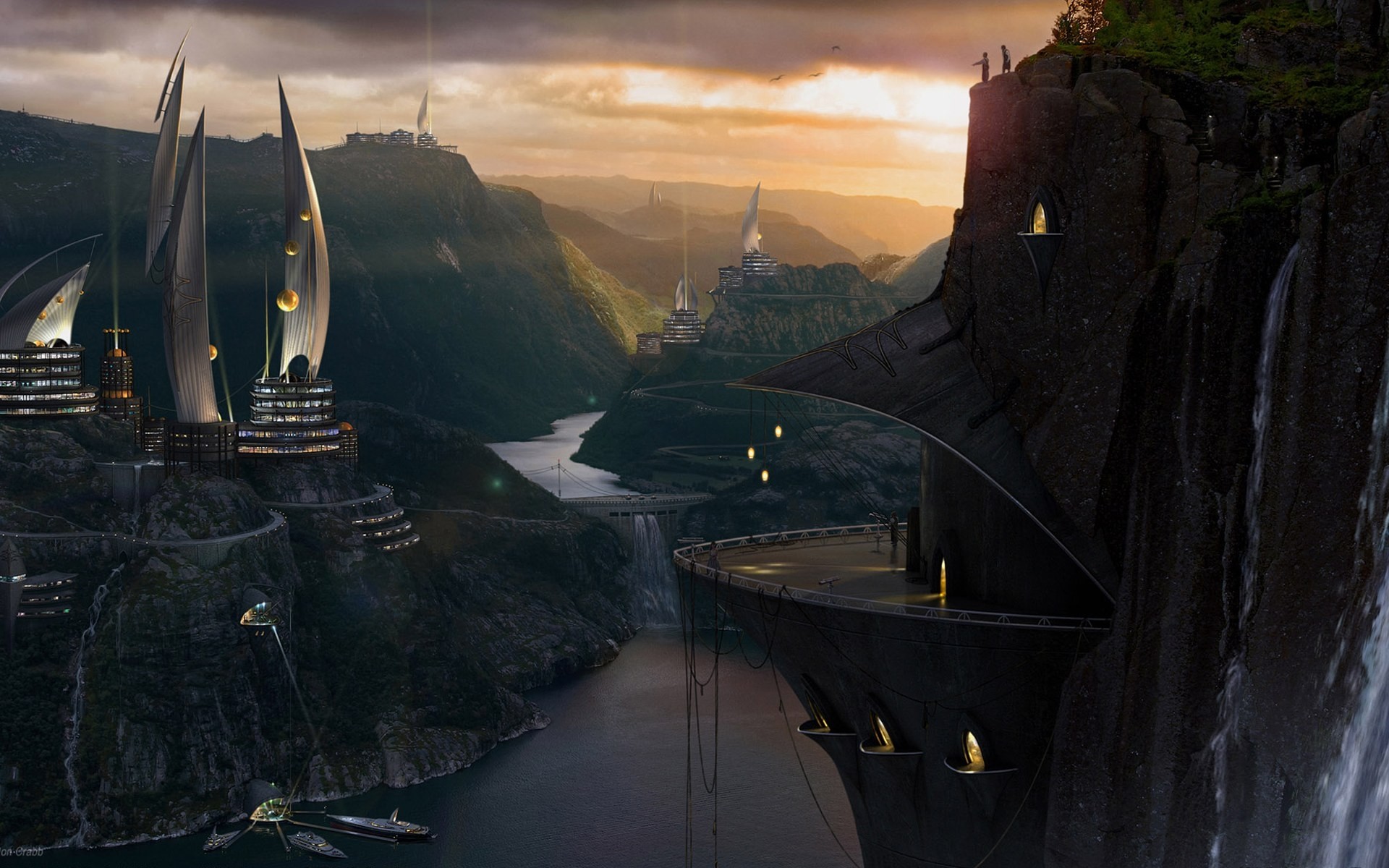 Futuristic city in a fjord at sunset HD Wallpaper