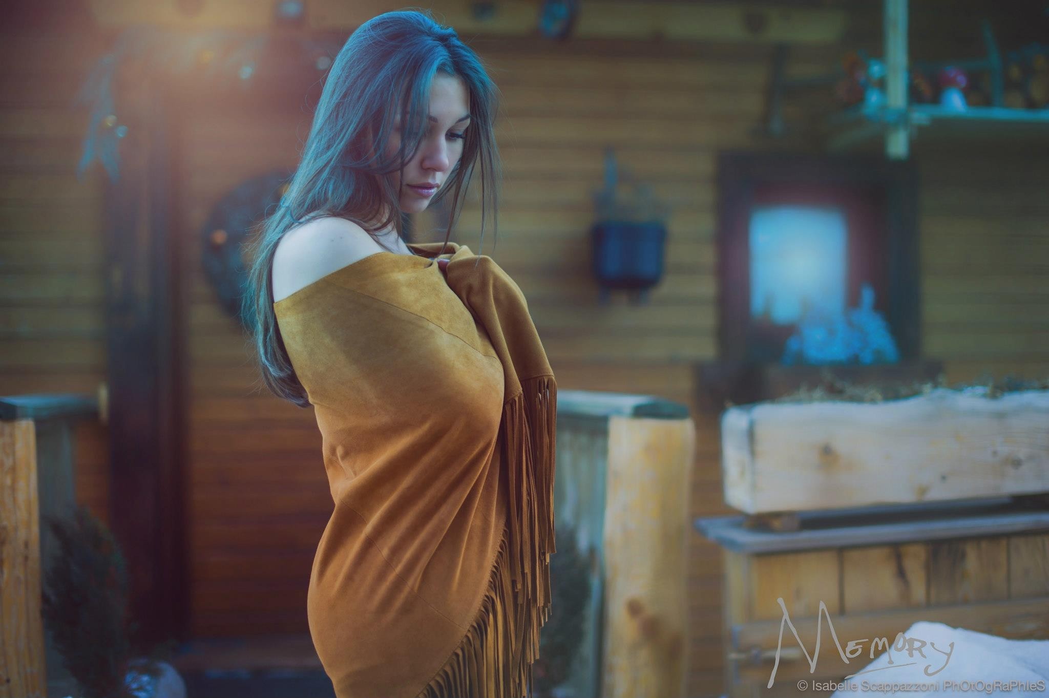 Woman with long hair wrapped in a shawl HD Wallpaper