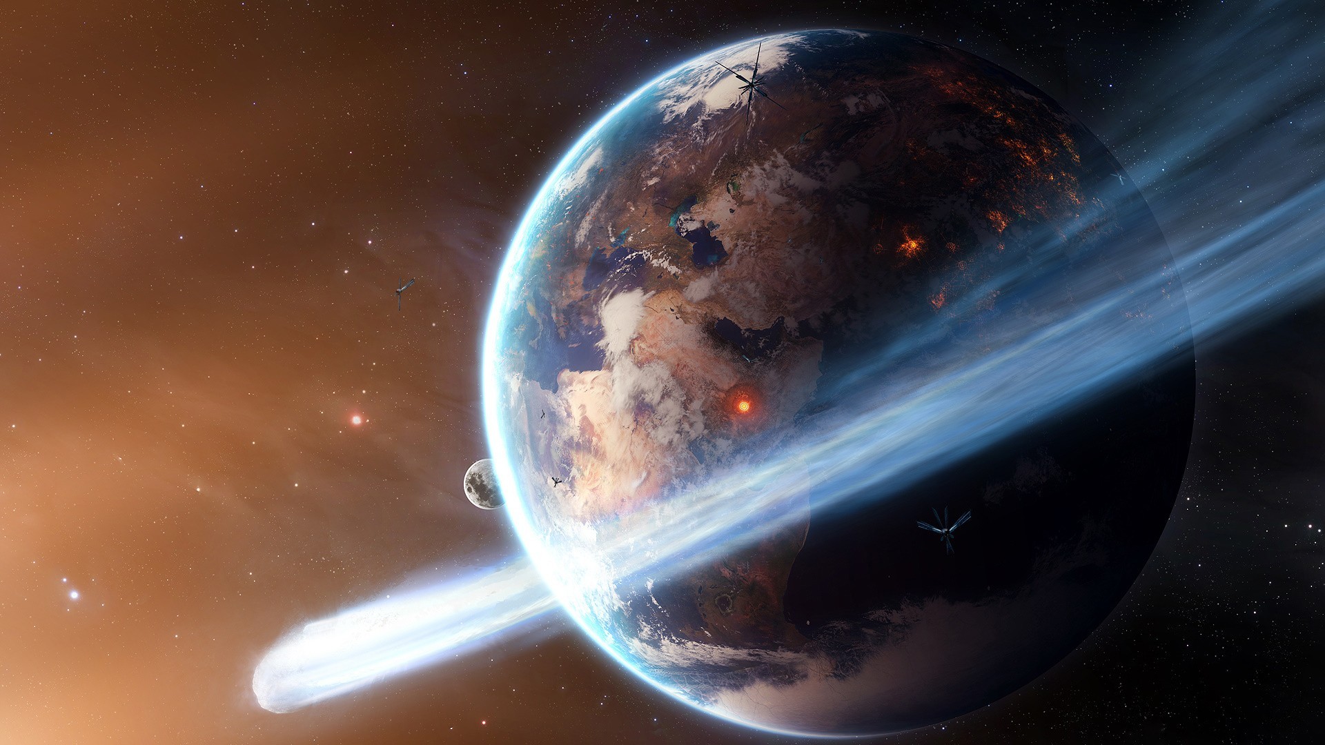 Planet Earth with a comet passing by HD Wallpaper