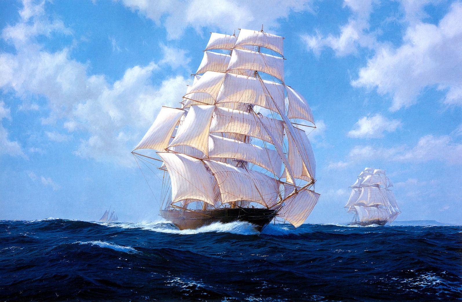 Sailing ships on a wavy sea under a cloudy sky HD Wallpaper