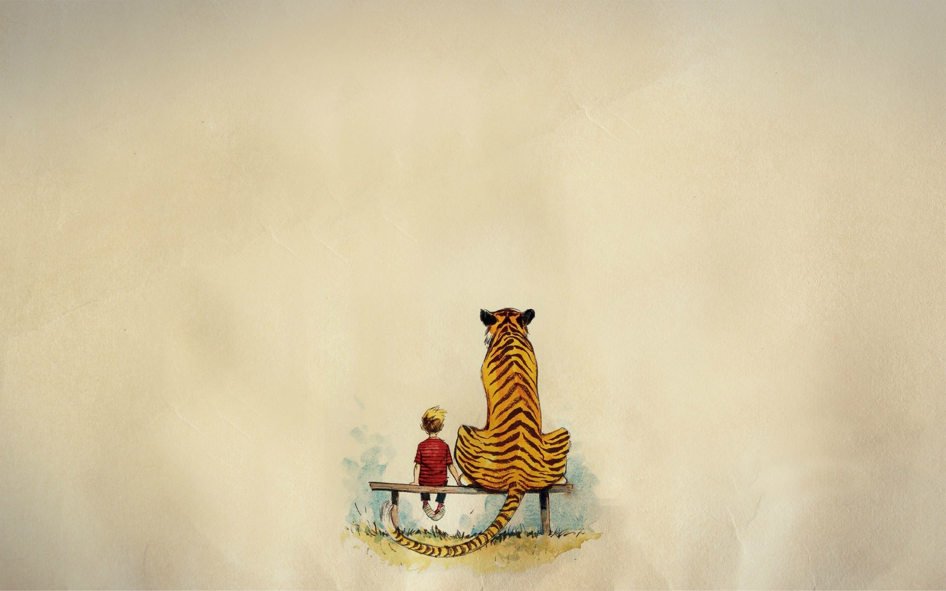Calvin and Hobbes sitting on a bench HD Wallpaper
