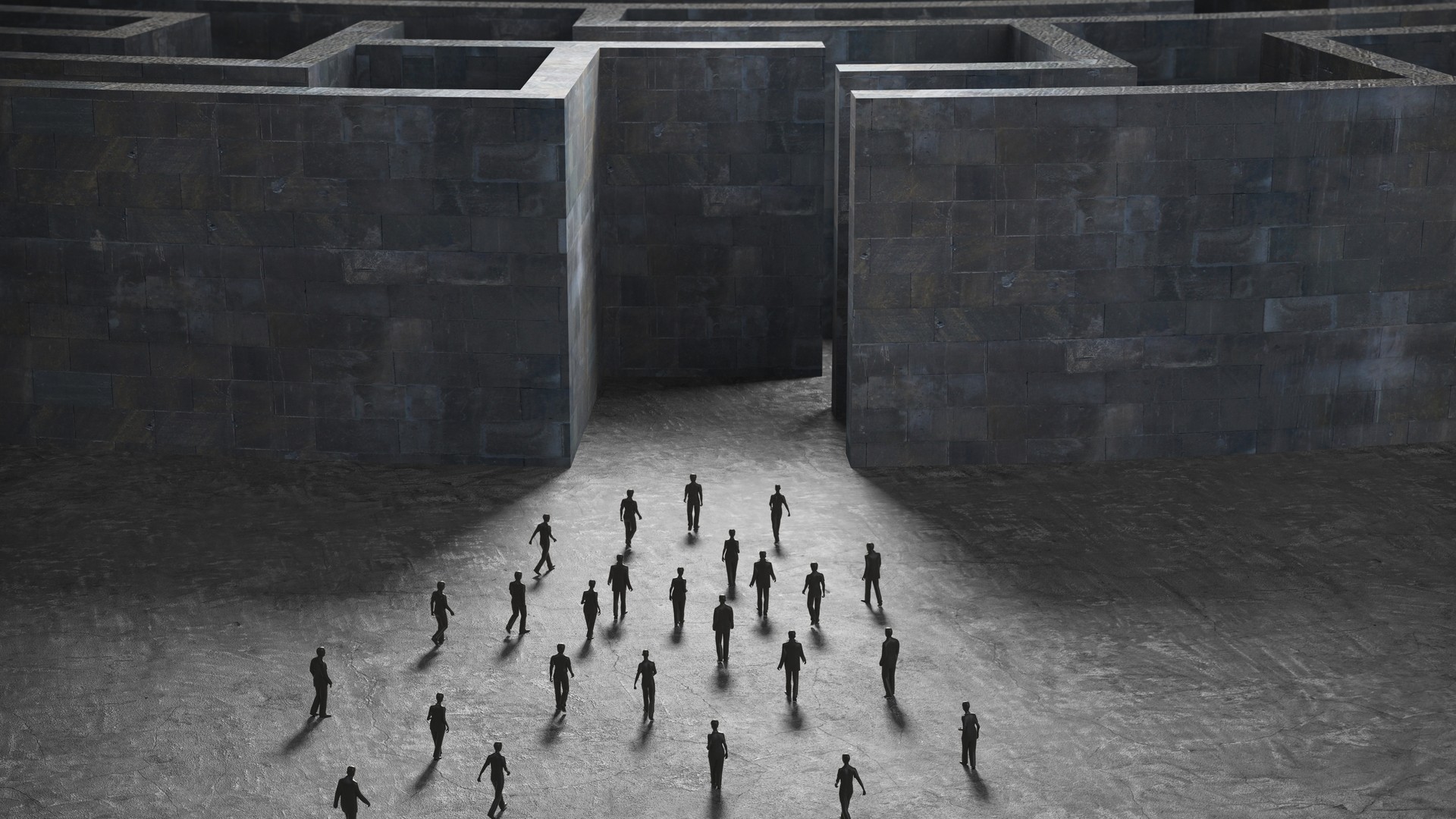 People entering a dark stone labyrinth HD Wallpaper
