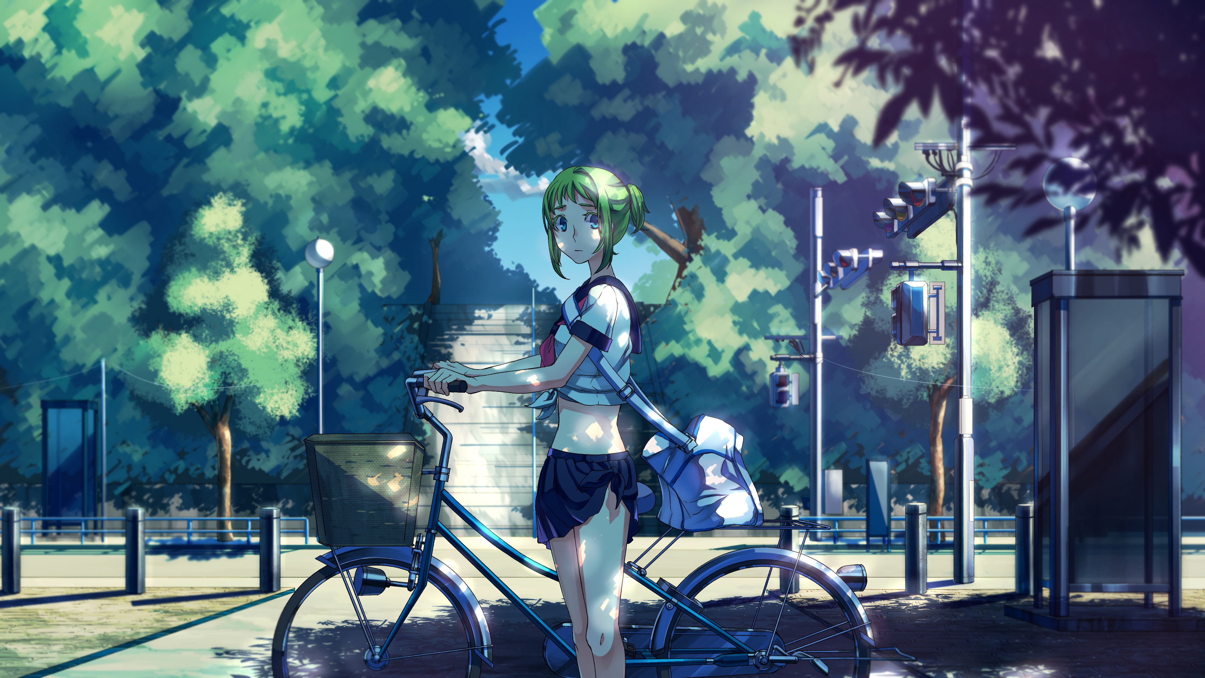 Megpoid Gumi with a bicycle in a park HD Wallpaper