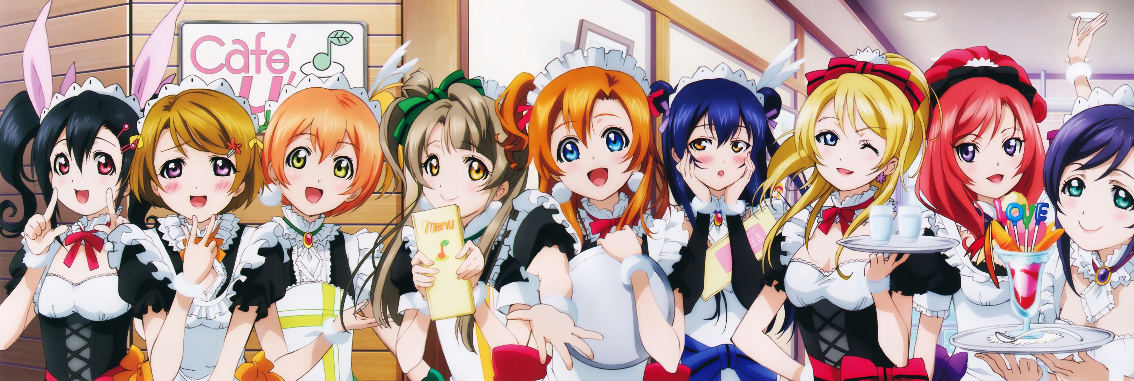 Love Live! girls in maid outfits at a cafe HD Wallpaper