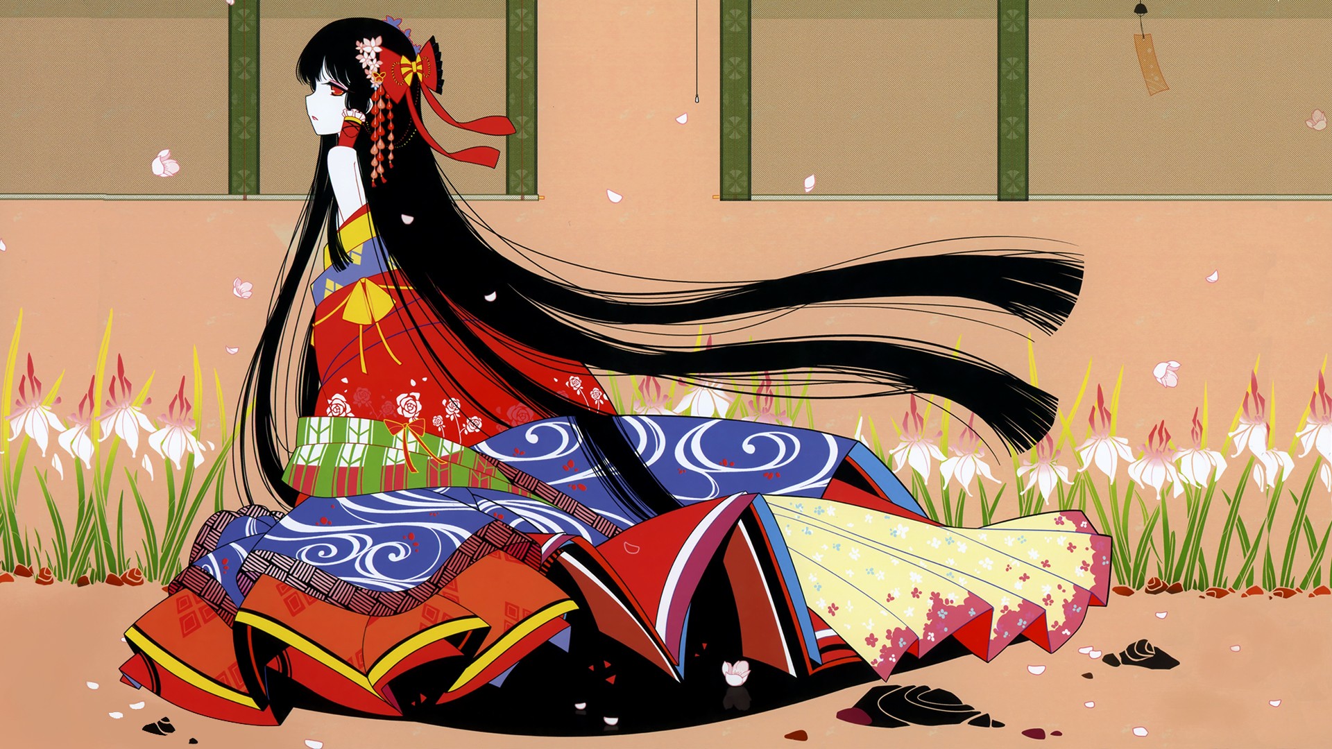 Hakurei Reimu in a colorful kimono with long black hair HD Wallpaper