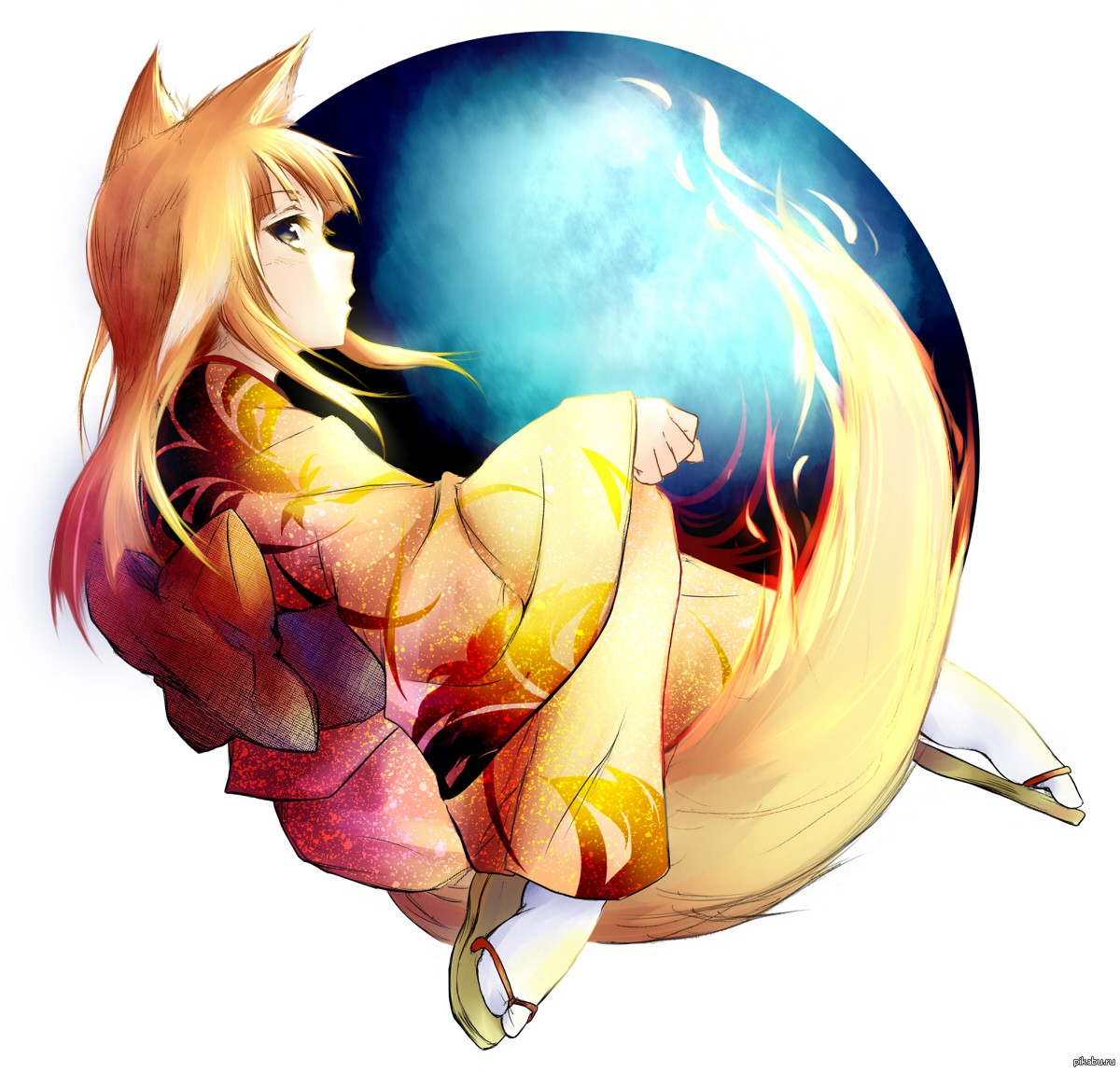 Anime girl in kimono with fox ears and tail HD Wallpaper