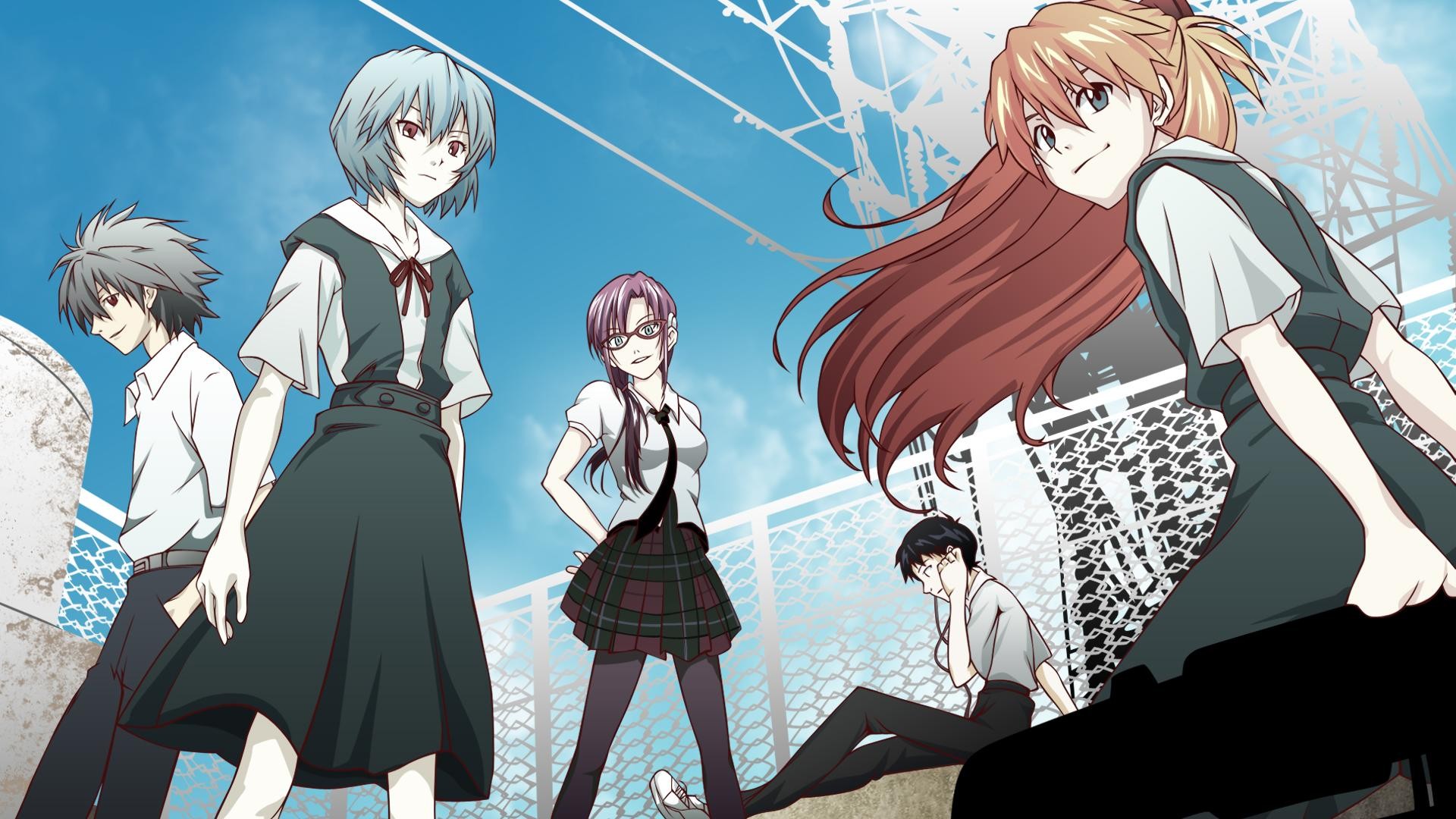 Neon Genesis Evangelion Characters Under a Blue Sky HD Wallpaper