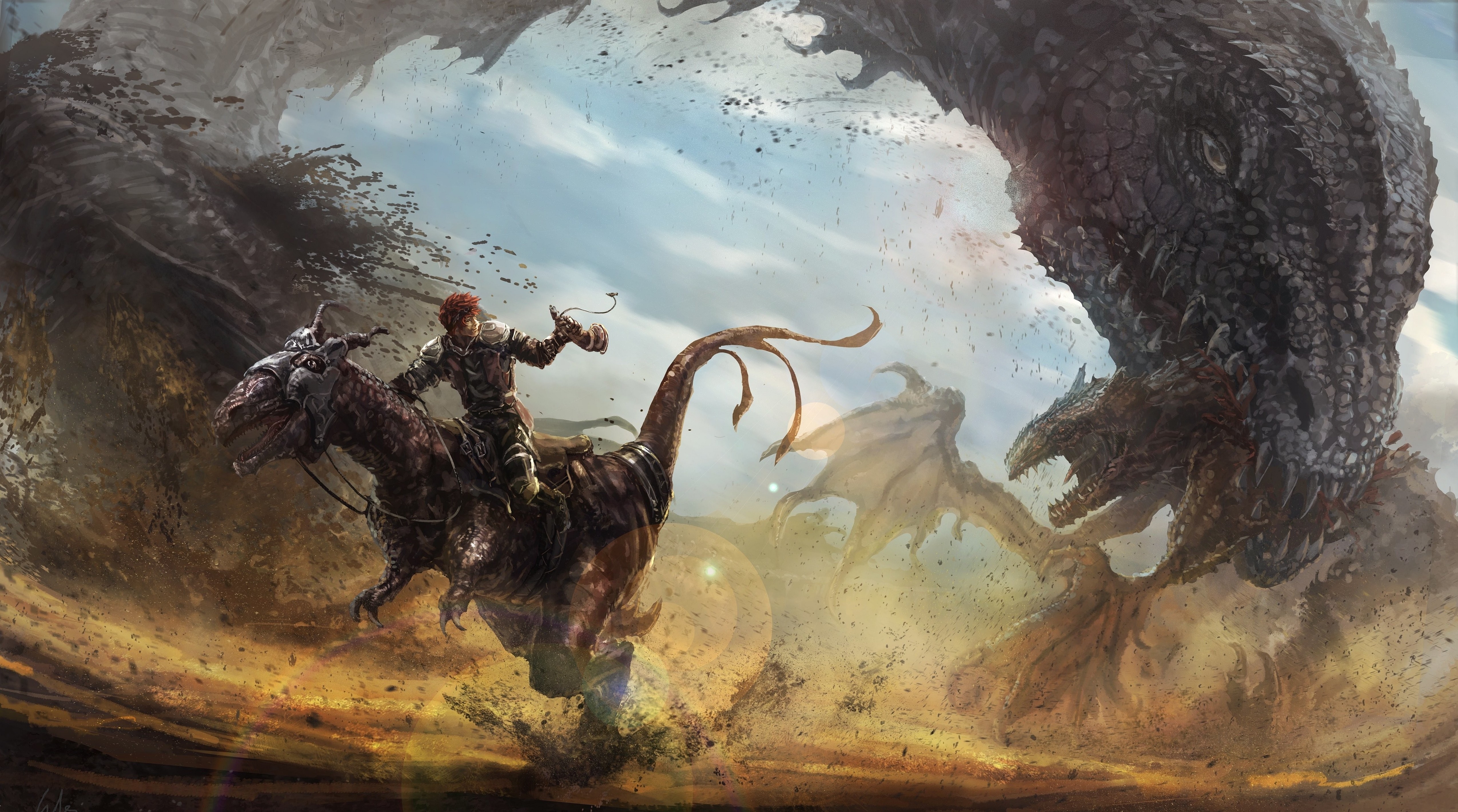 Fantasy art of dragons and a rider on a dinosaur HD Wallpaper