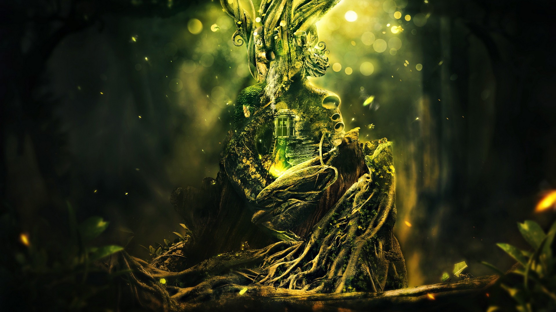 Fantasy art of a tree with a door and roots HD Wallpaper