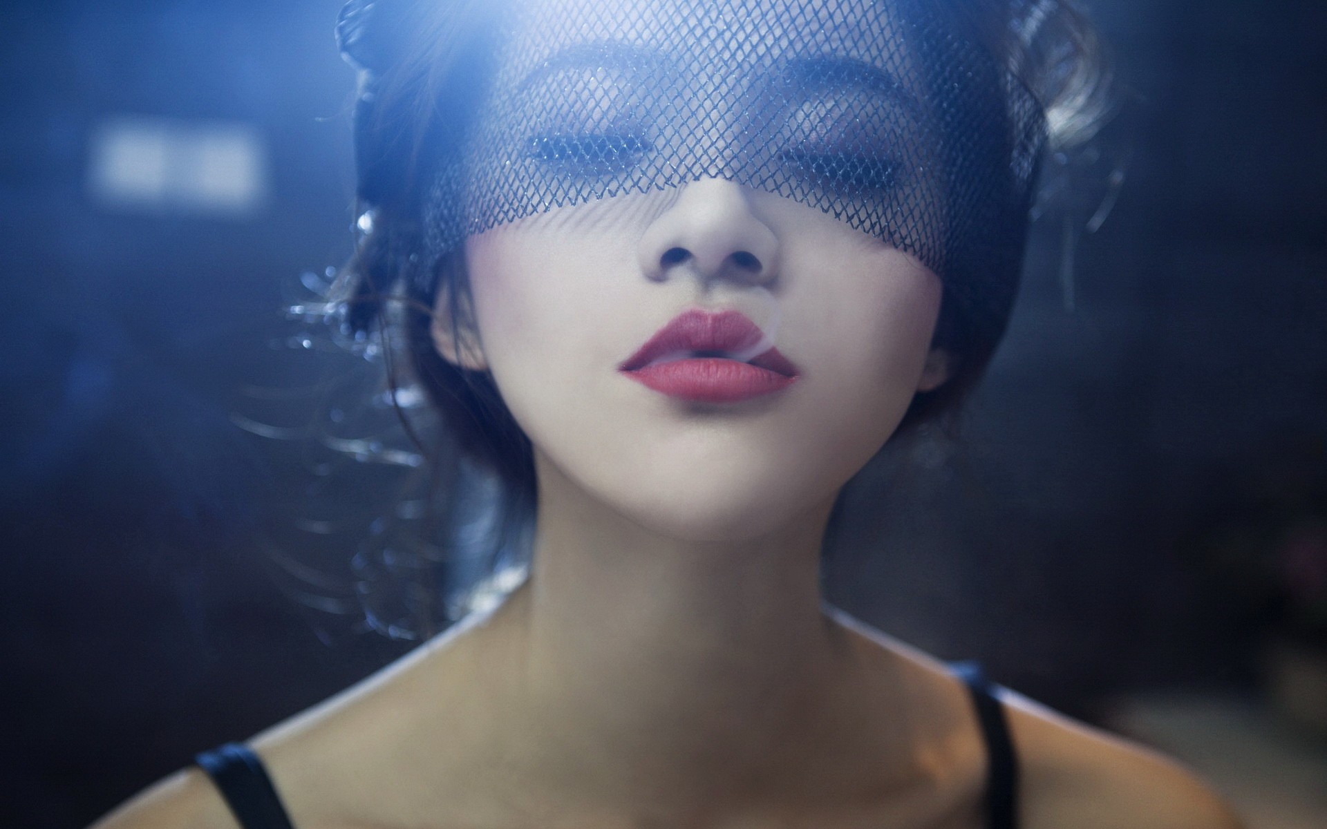 Woman wearing a black veil with closed eyes and red lipstick HD Wallpaper