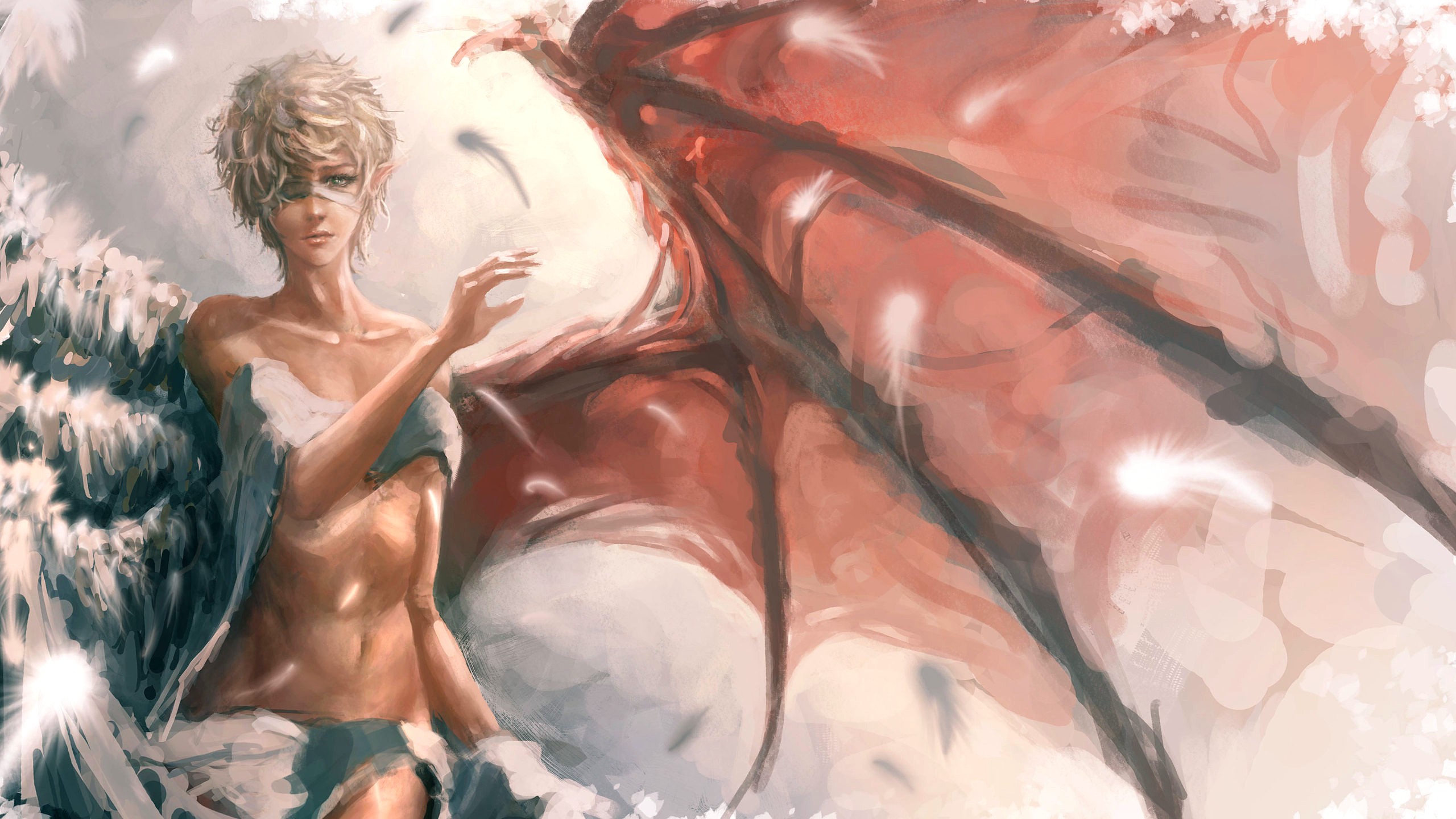 Fantasy girl with dragon wings and feathers HD Wallpaper