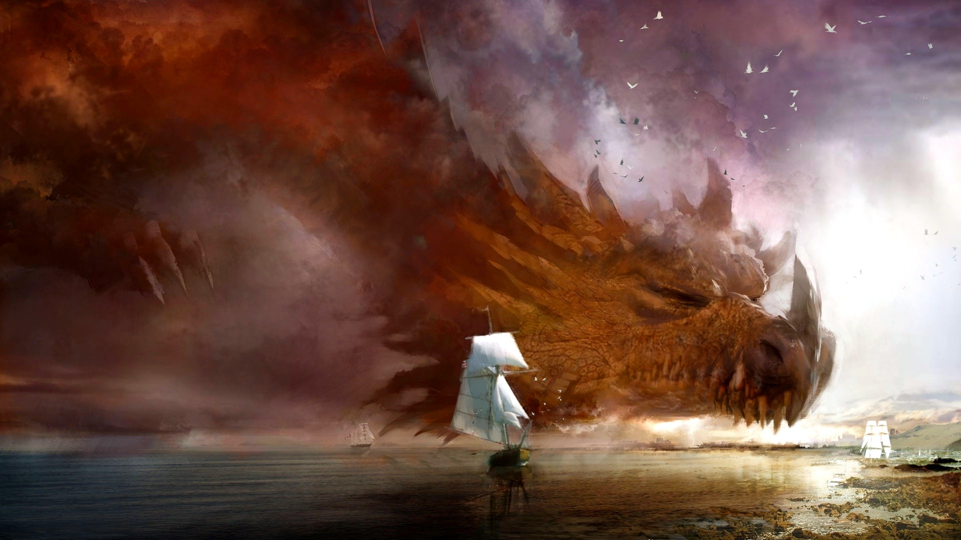 A colossal dragon looms over ships at sea HD Wallpaper