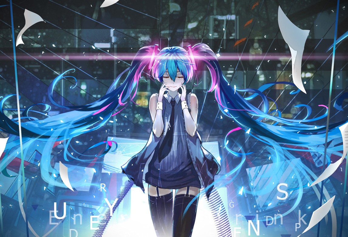 Hatsune Miku with blue and pink twintails in a dark dress HD Wallpaper