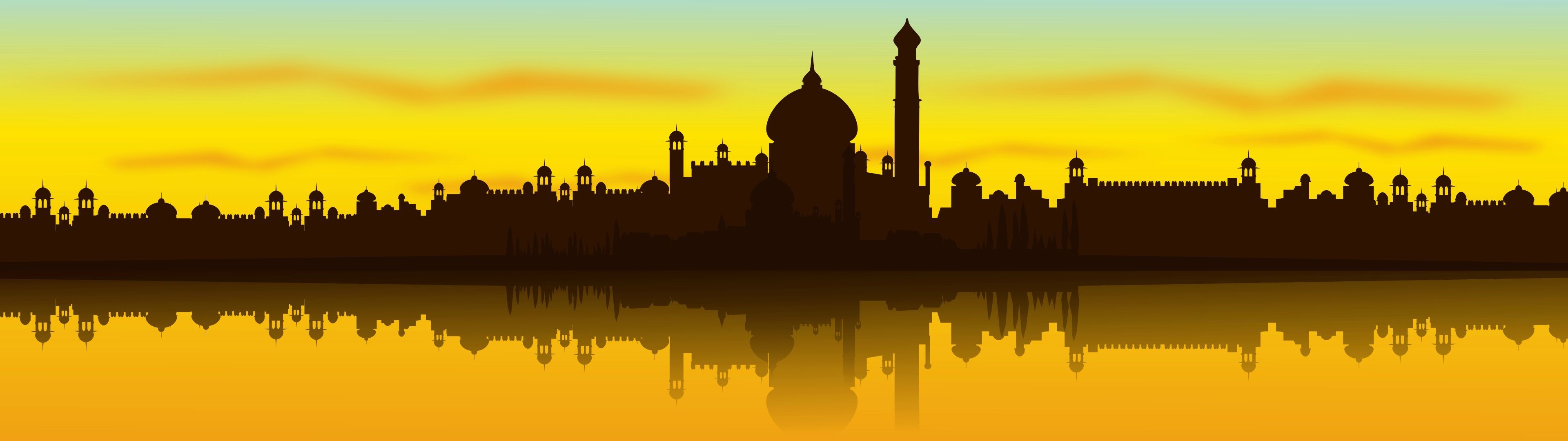 Silhouette of a city with domes and minarets reflected in water HD Wallpaper
