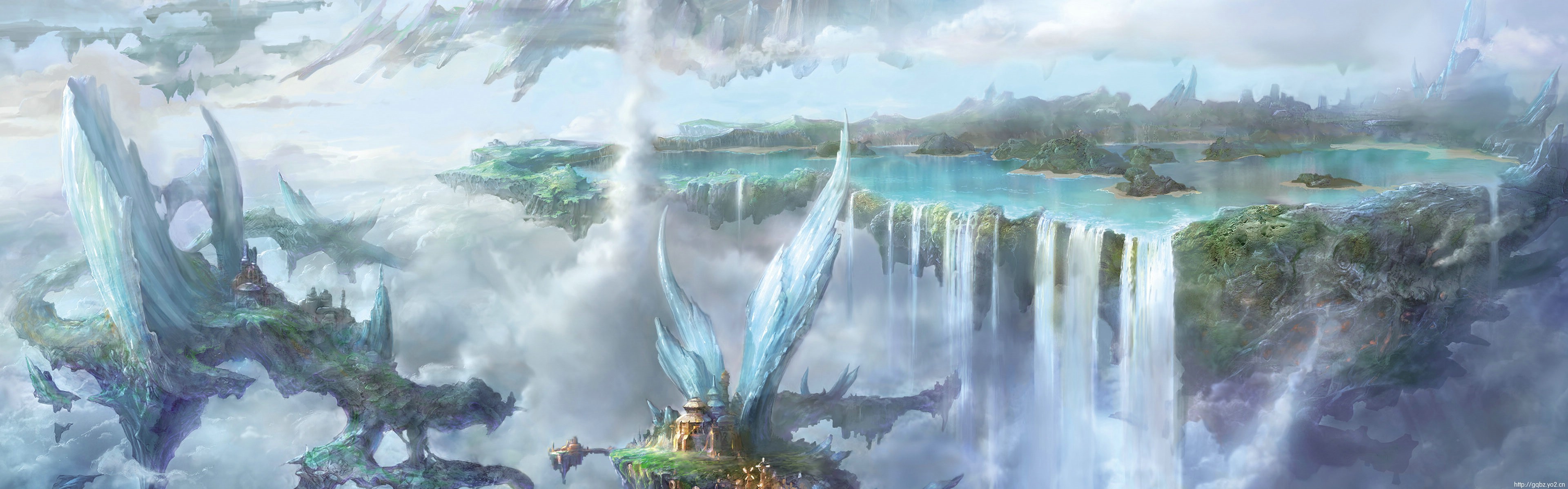 Fantasy art of floating islands and waterfalls HD Wallpaper
