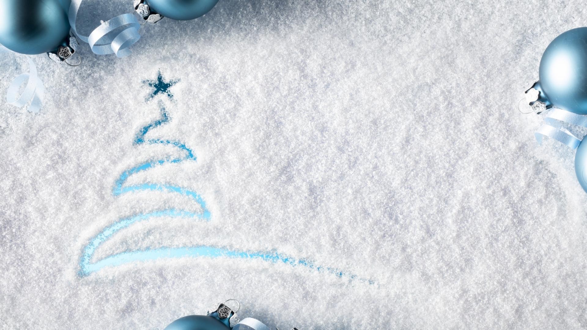 Blue Christmas ornaments and a drawn Christmas tree in snow HD Wallpaper