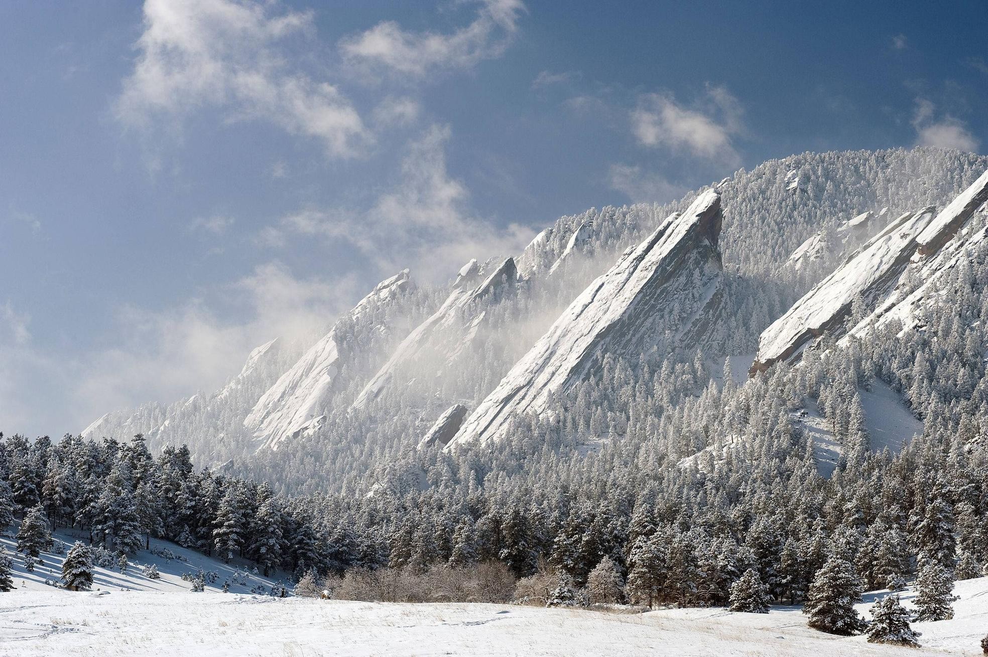 Snow-covered mountains and trees in winter HD Wallpaper