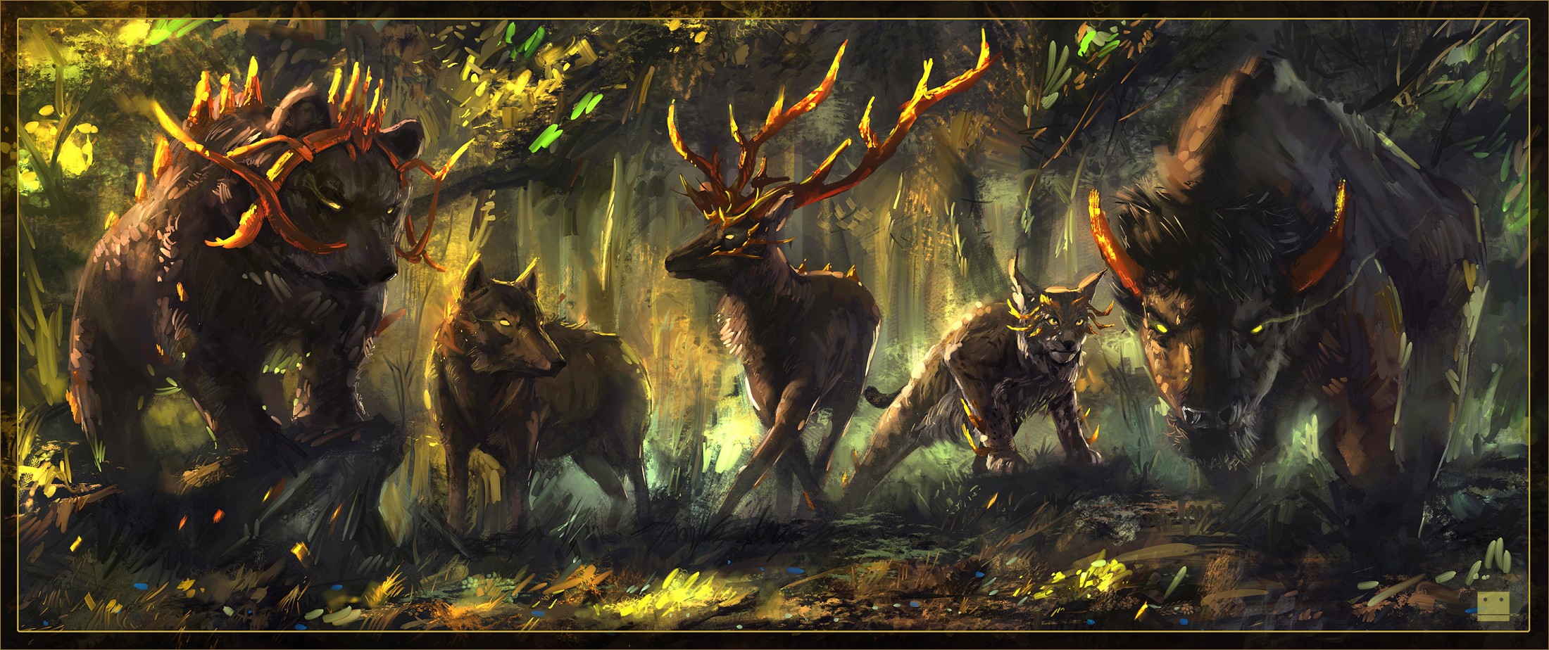 Fantasy animals with glowing antlers and crowns in a forest HD Wallpaper