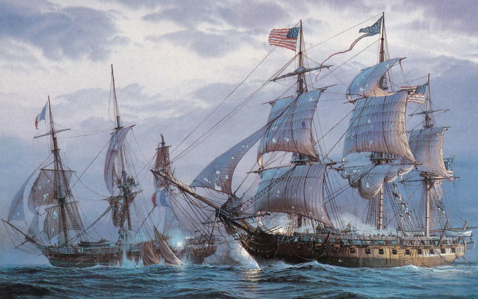 Painting of sailing ships in battle on the sea HD Wallpaper