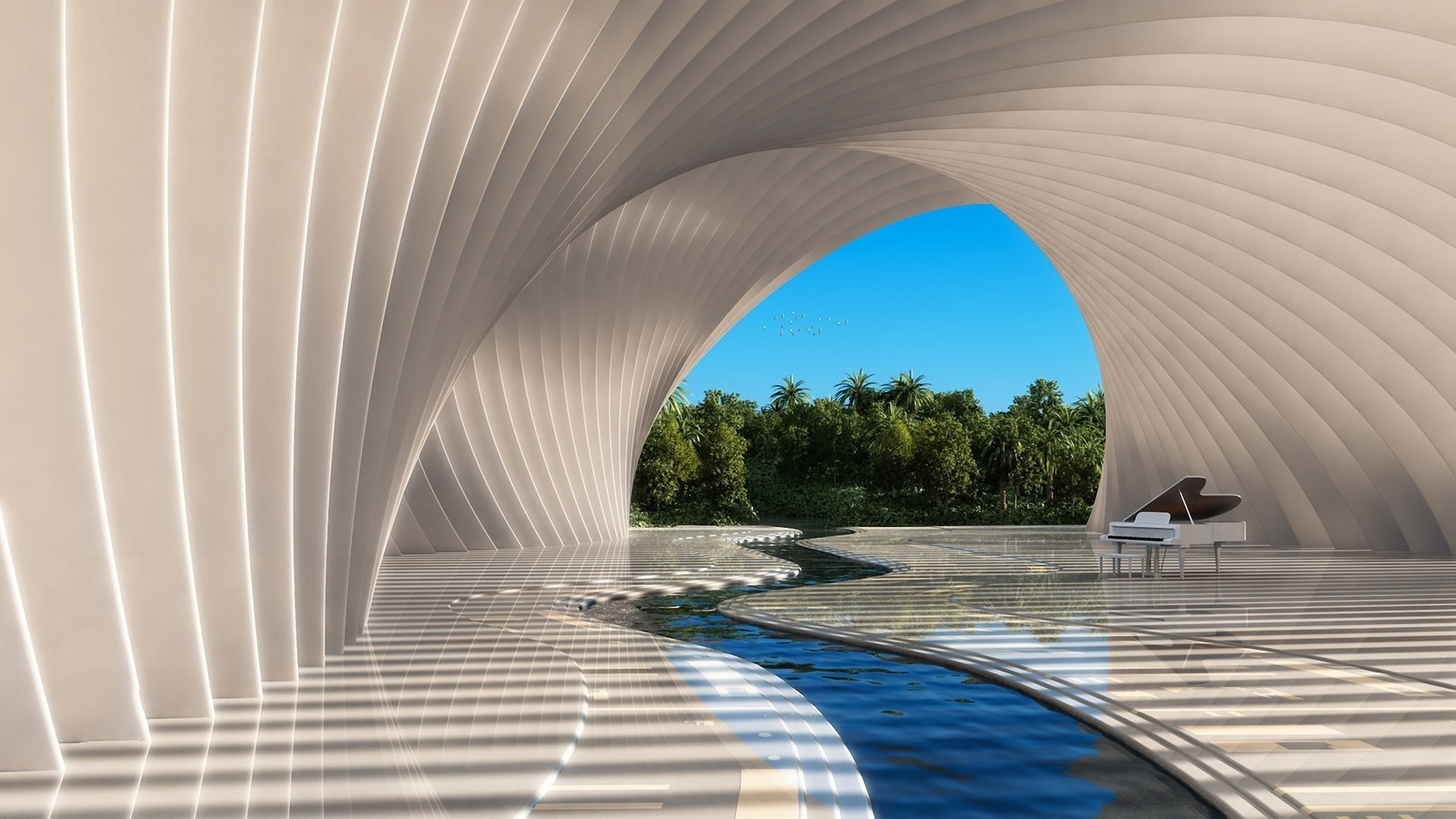Modern architecture with a grand piano and tropical landscape HD Wallpaper