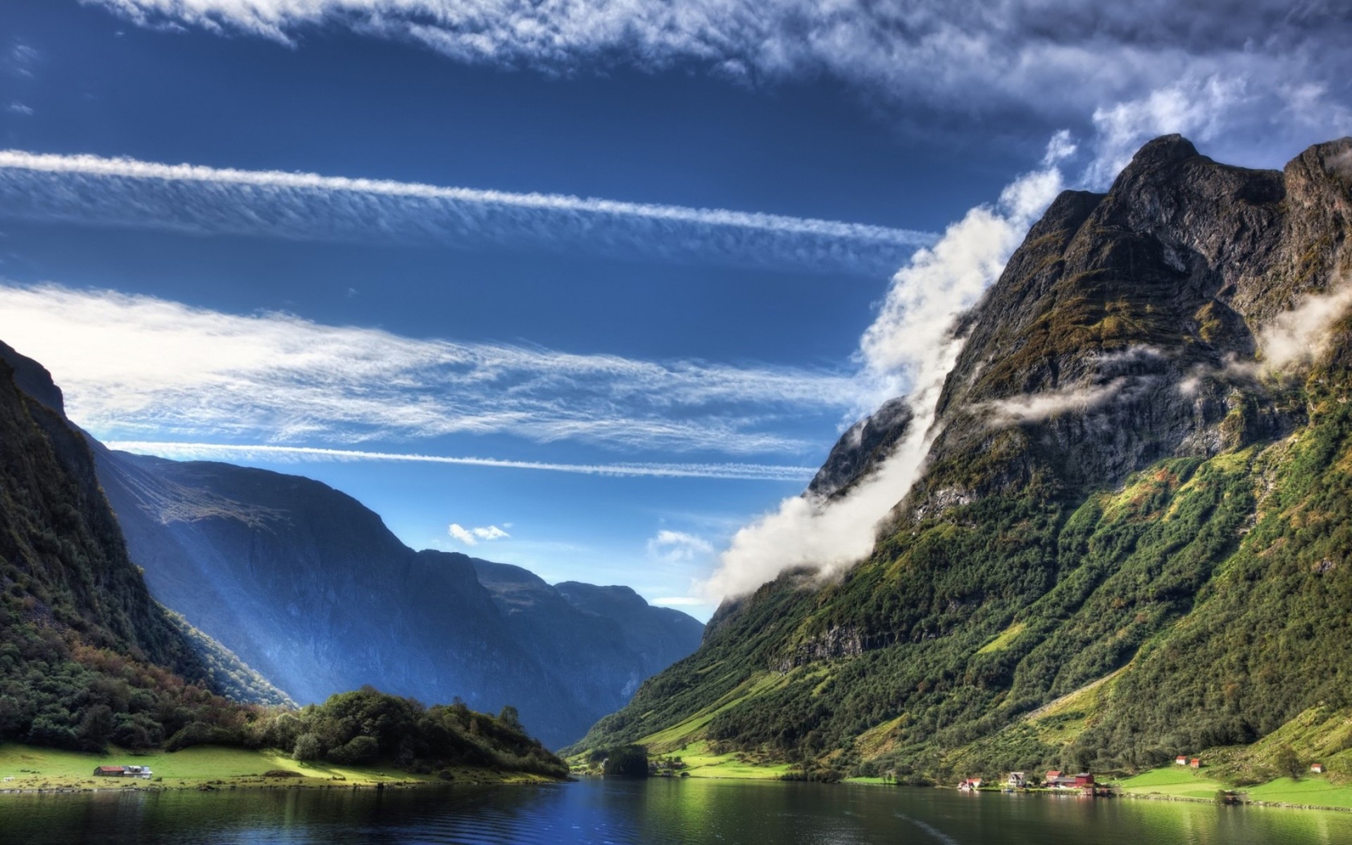 Mountains and lake landscape with clouds HD Wallpaper