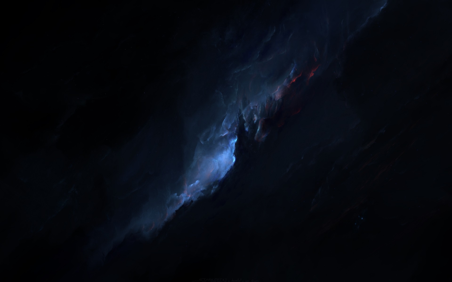 Digital art of a dark nebula with blue and red light HD Wallpaper