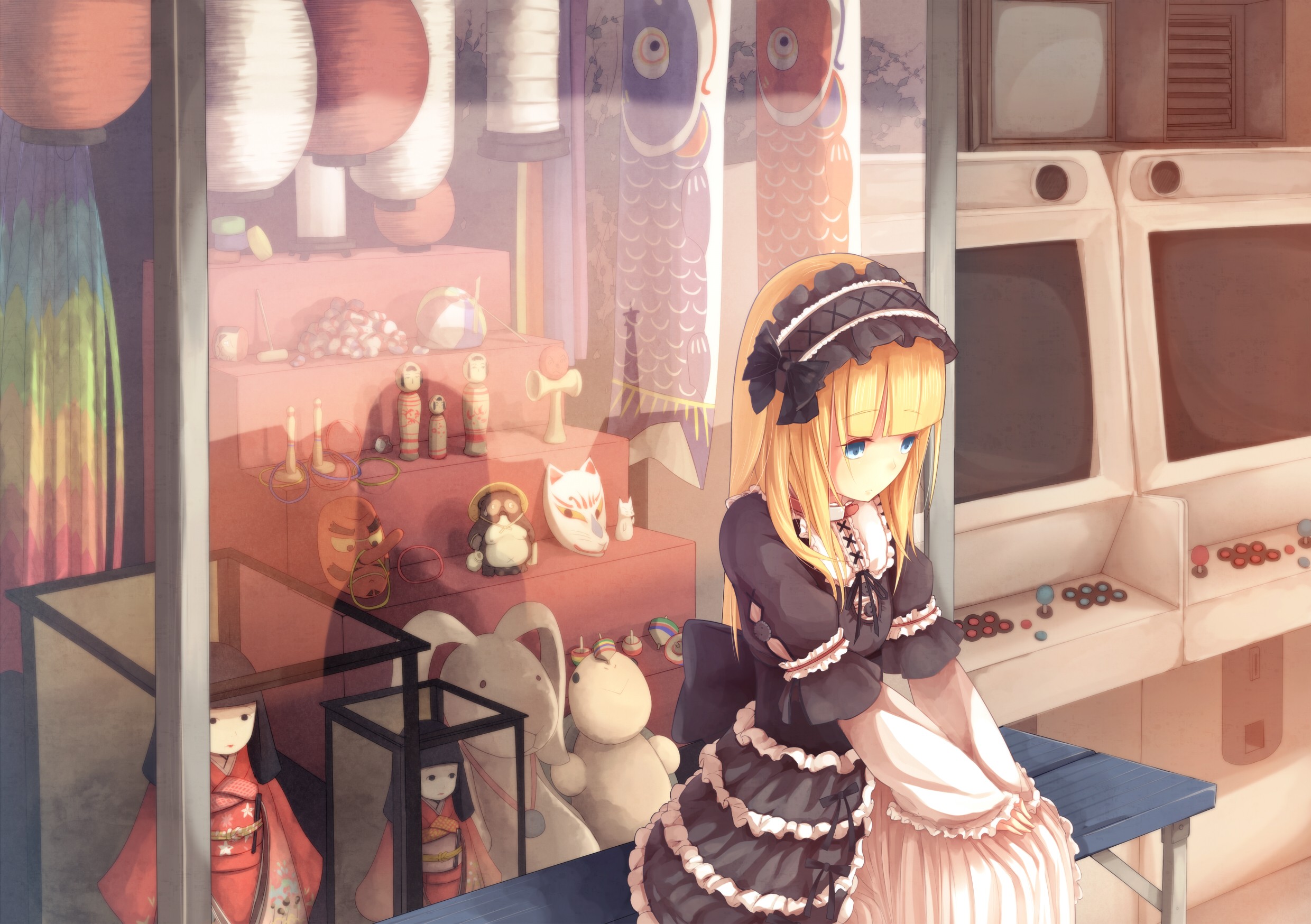 Anime girl in lolita dress in front of a shop display HD Wallpaper