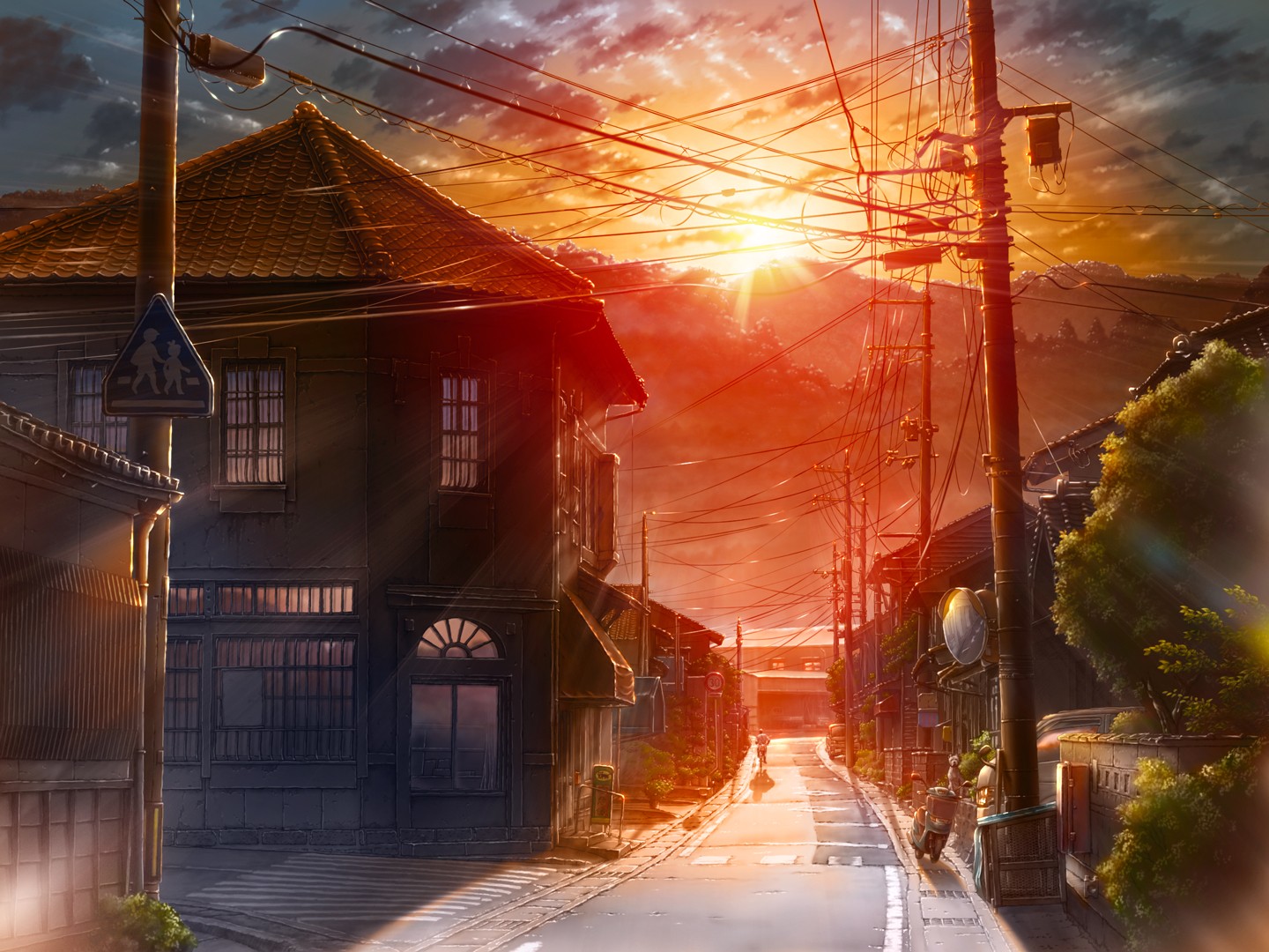Anime street scene at sunset with power lines HD Wallpaper