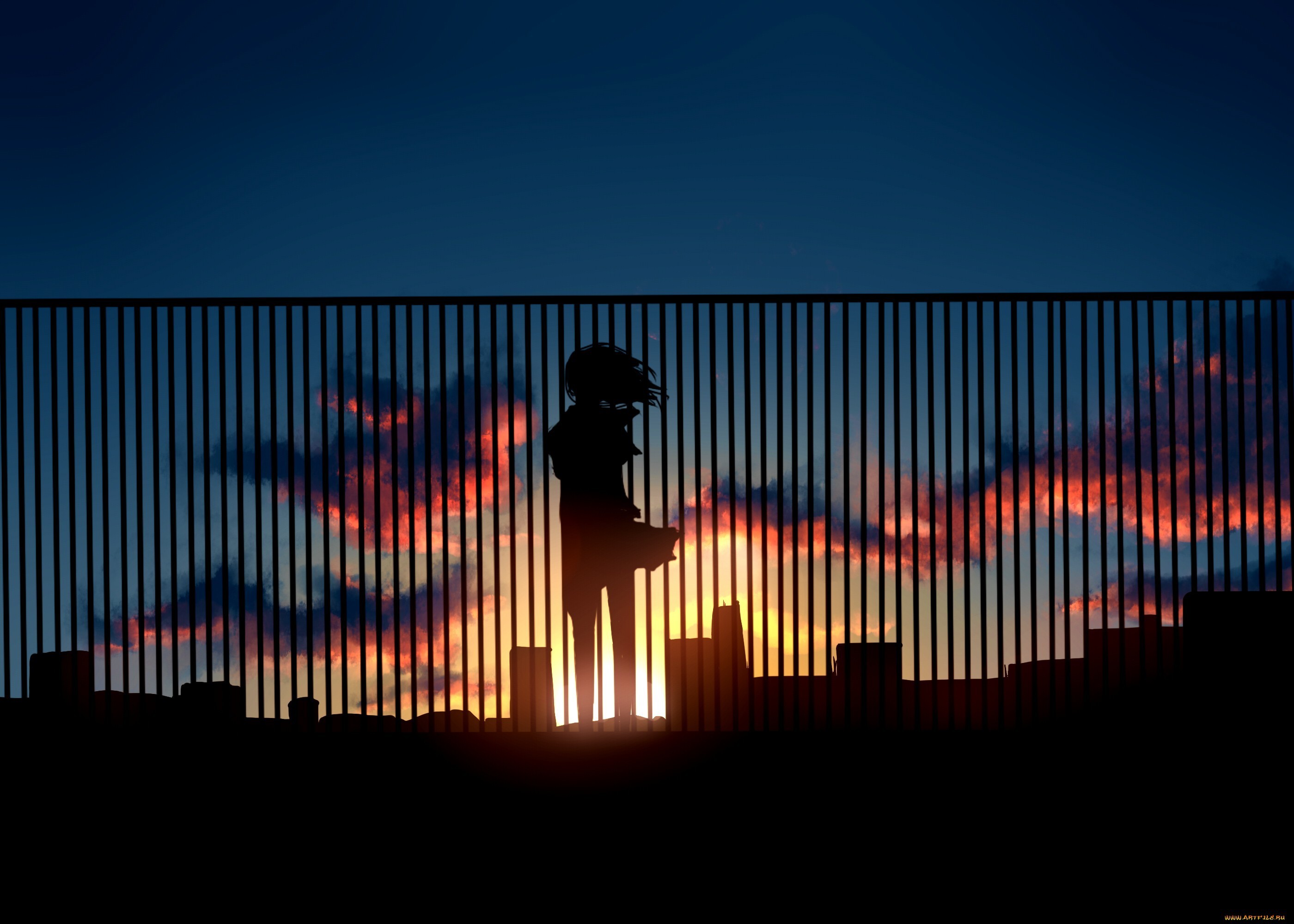 Anime girl silhouette against sunset behind fence HD Wallpaper