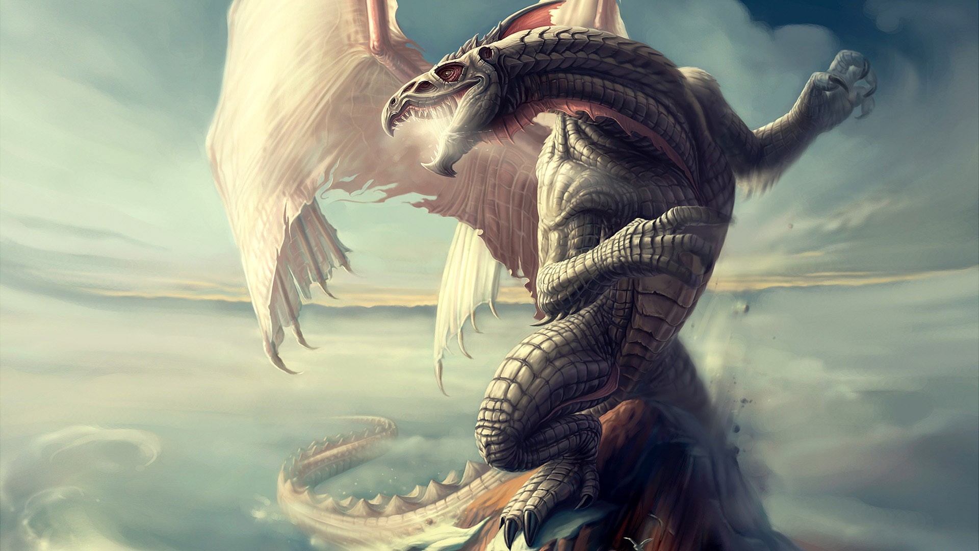 Fantasy art of a dragon in the clouds HD Wallpaper