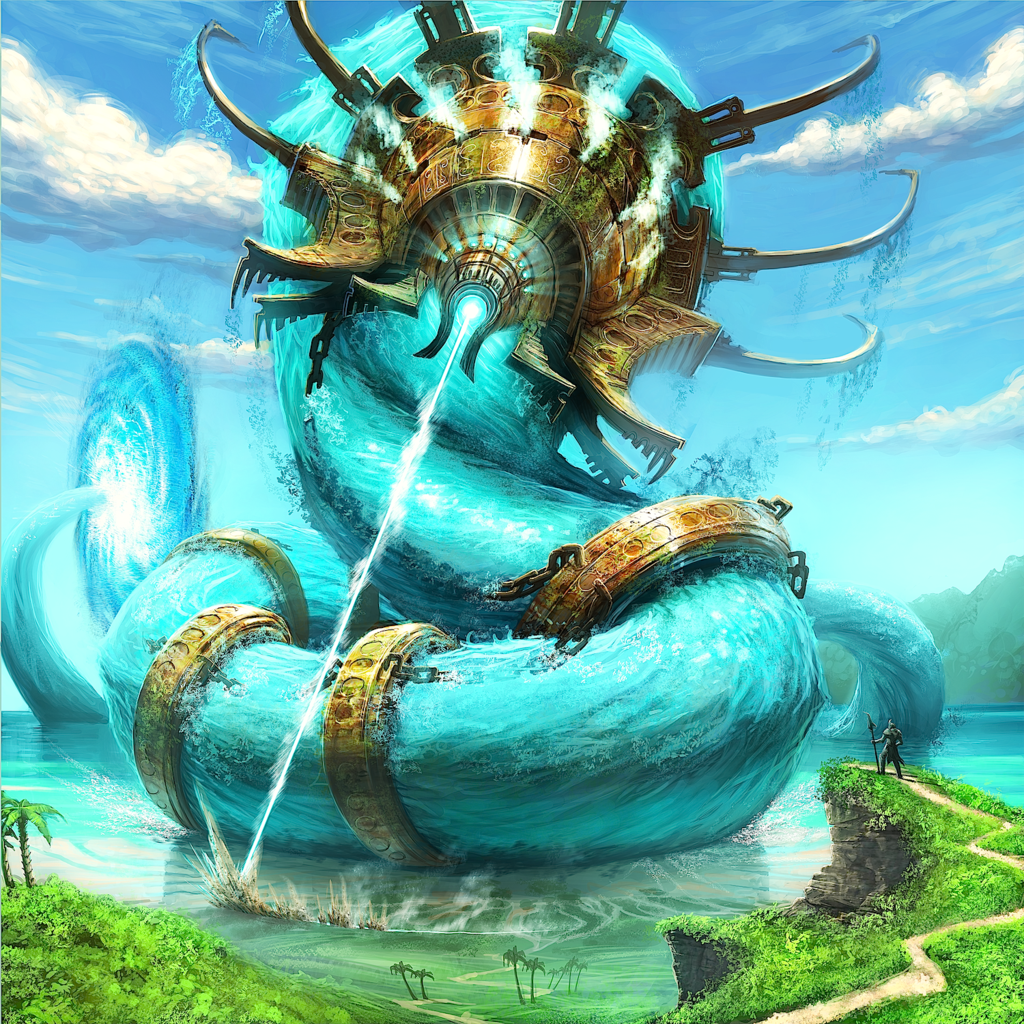 Giant mechanical sea serpent with golden armor HD Wallpaper
