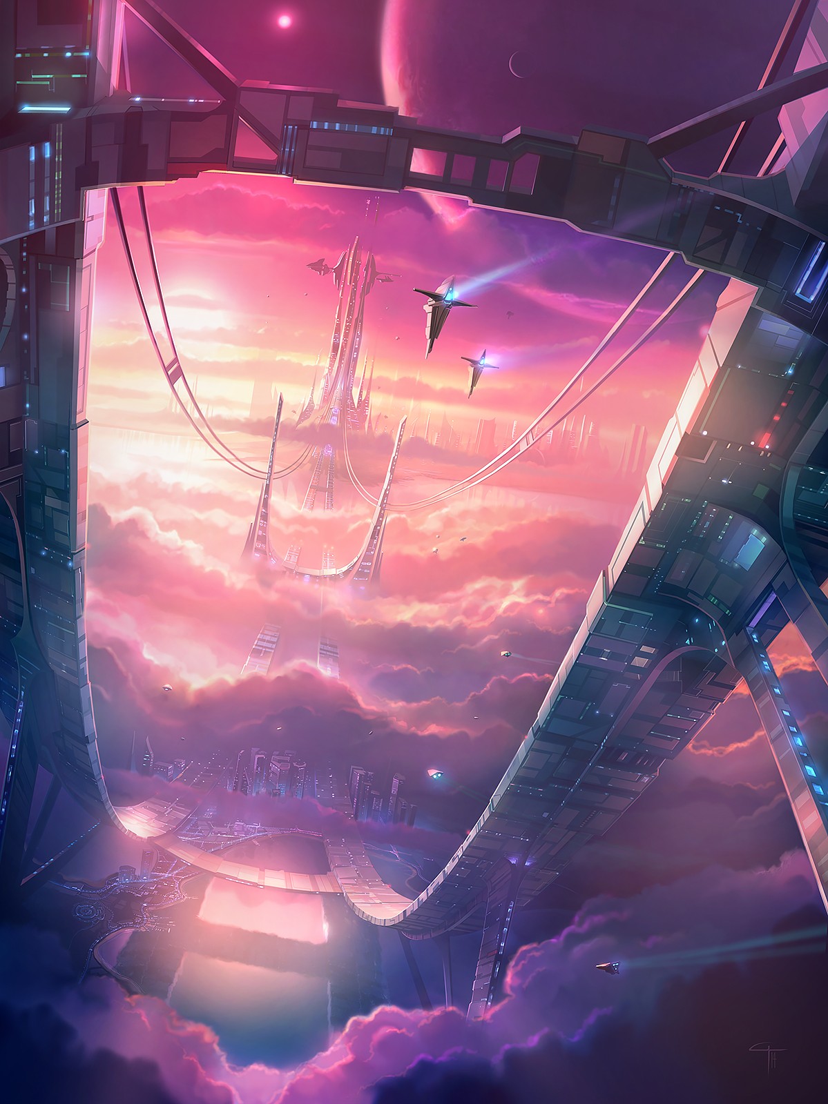 Futuristic city in the clouds with spaceships HD Wallpaper