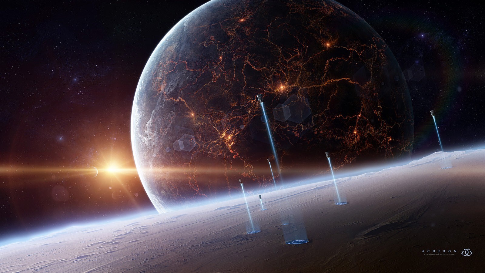 Science fiction space art with planets and beams HD Wallpaper