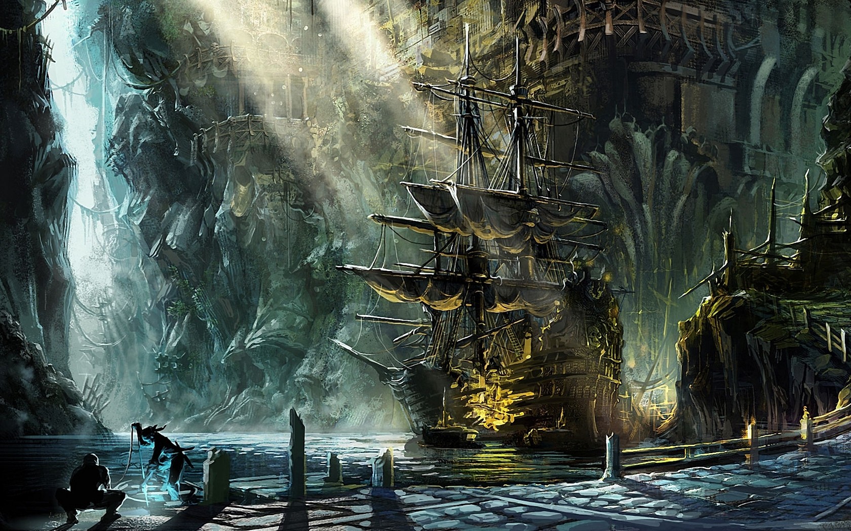 Sailing ship docked in a cavernous port HD Wallpaper