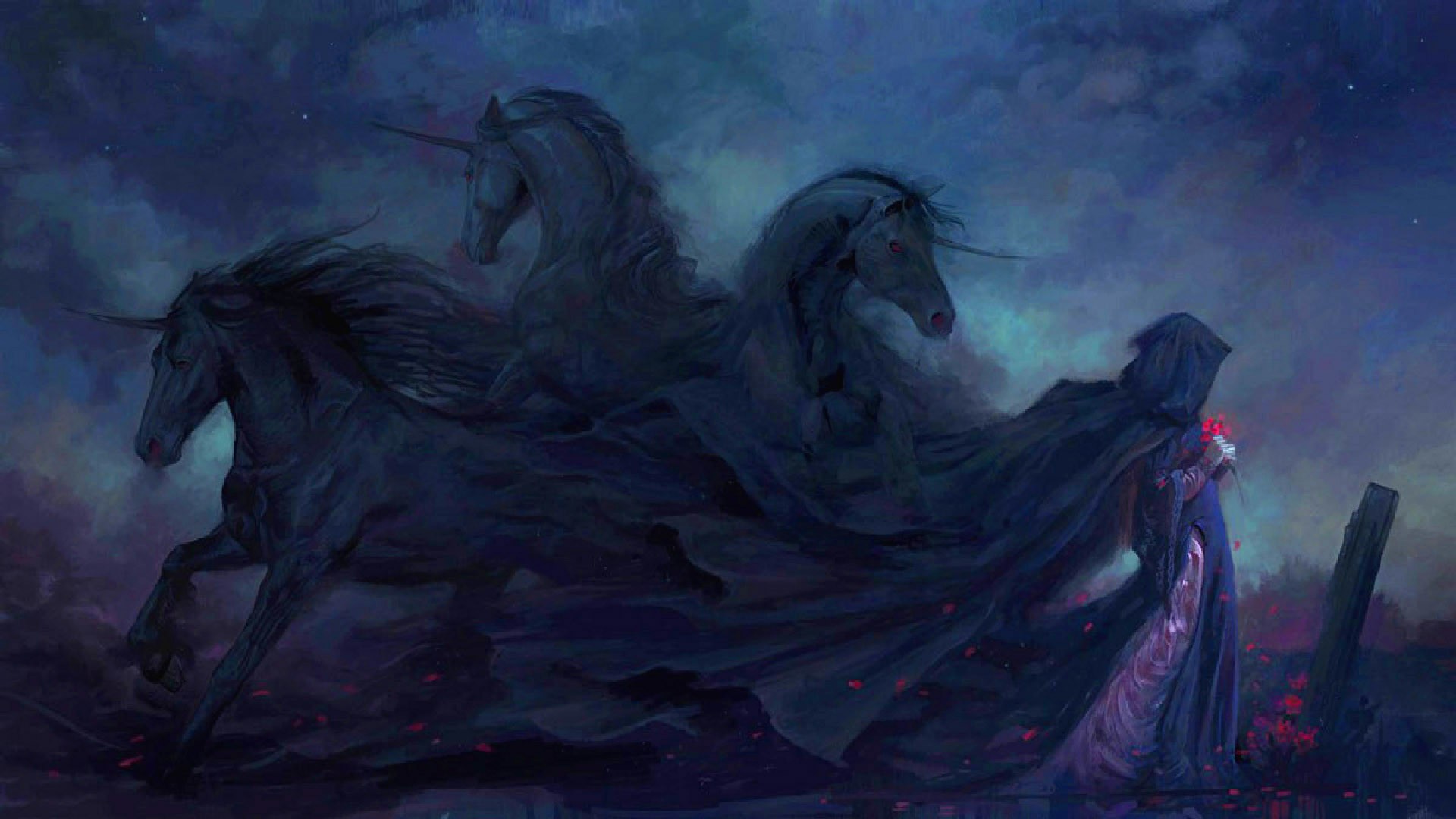 Fantasy art of dark unicorns and a hooded figure HD Wallpaper