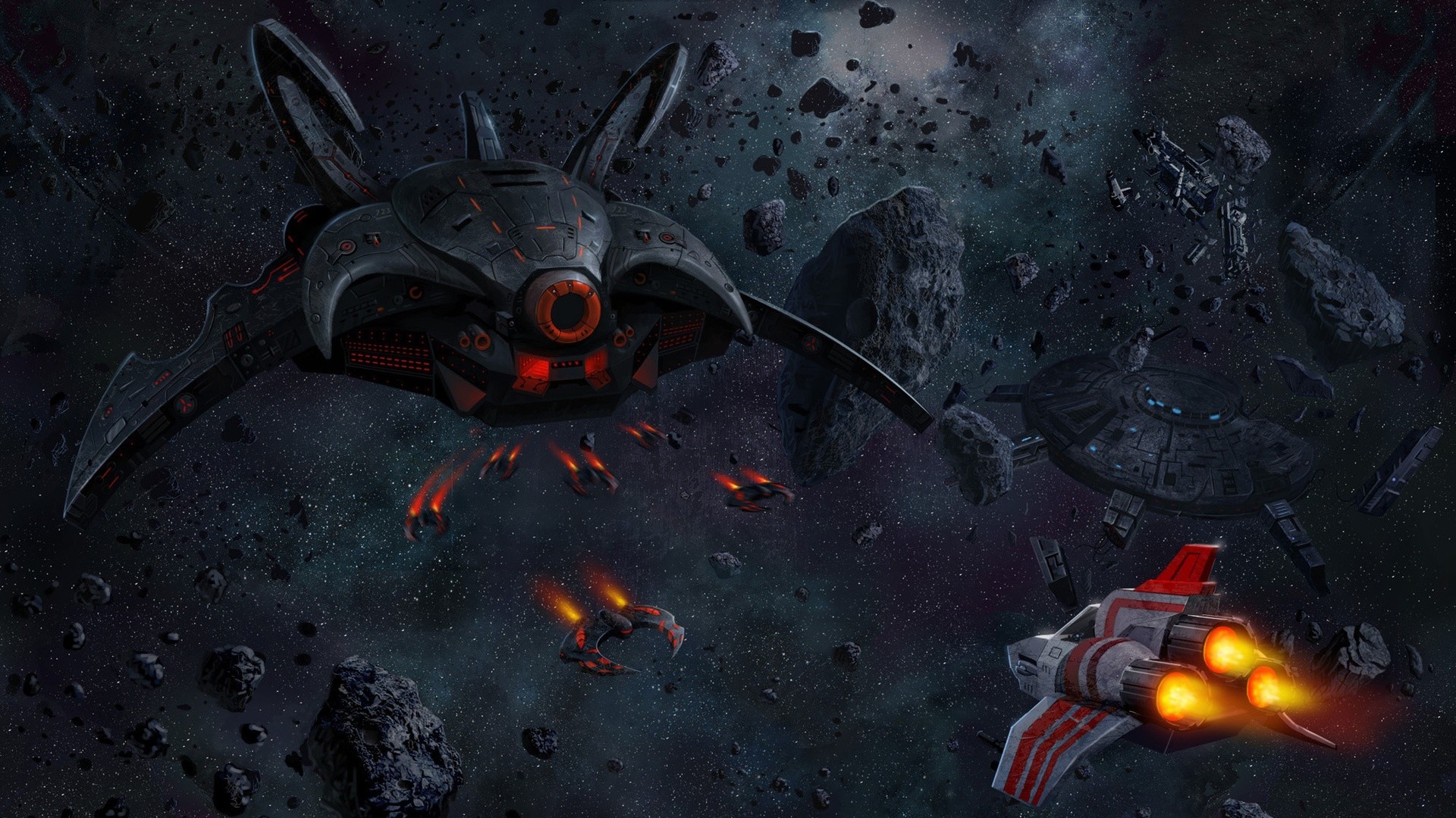 Science fiction artwork of a space battle with spaceships and asteroids HD Wallpaper