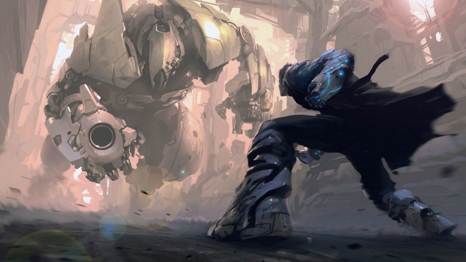 A cyborg fights a giant mech in a futuristic city HD Wallpaper