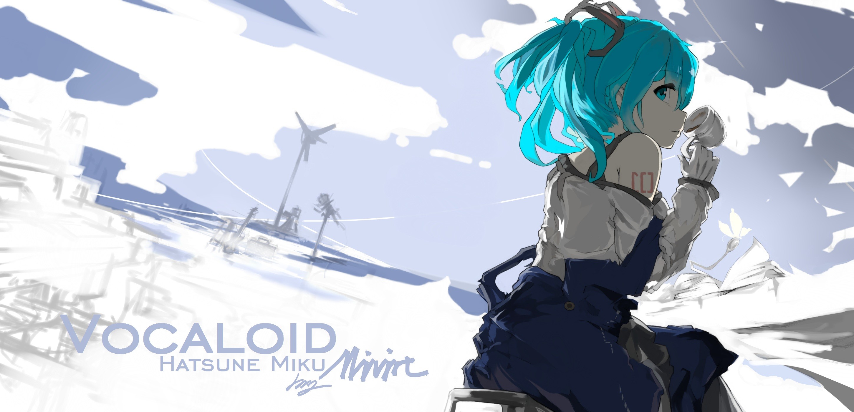 Hatsune Miku drinking from a cup in a snowy landscape HD Wallpaper