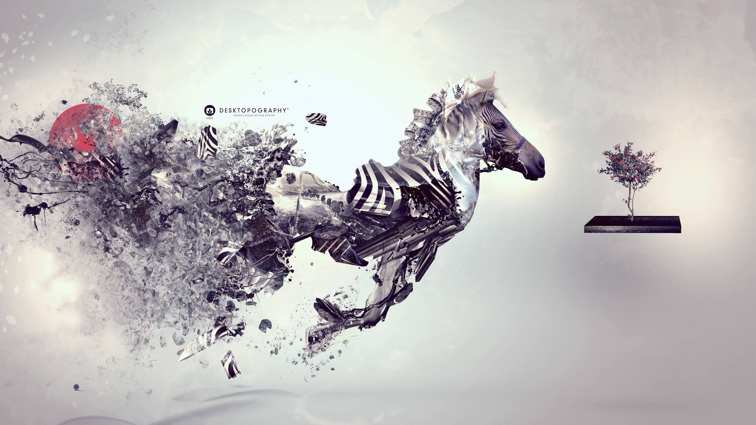 Abstract Zebra Horse Exploding with Red Sun and Floating Tree HD Wallpaper