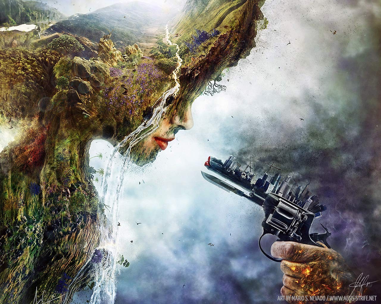 Digital art of nature versus a city gun HD Wallpaper