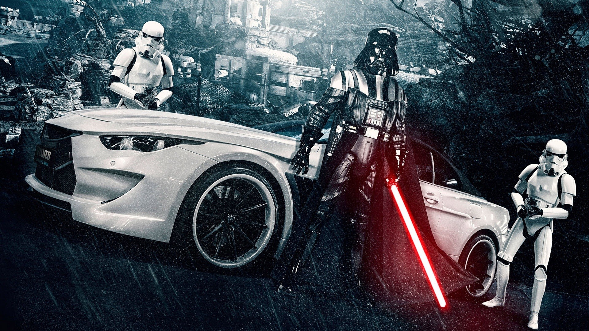 Darth Vader and Stormtroopers with a car HD Wallpaper