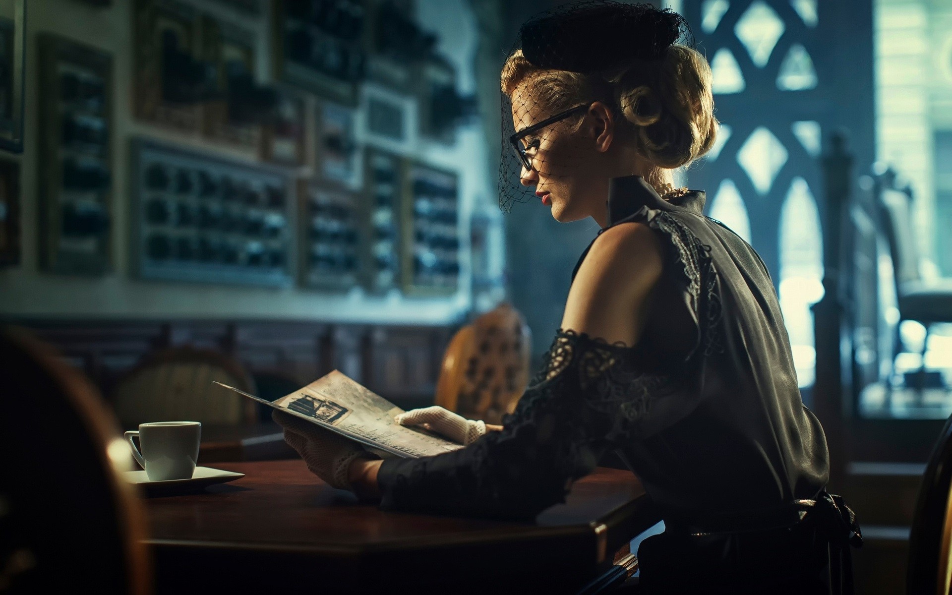 Woman in vintage attire reading a document HD Wallpaper