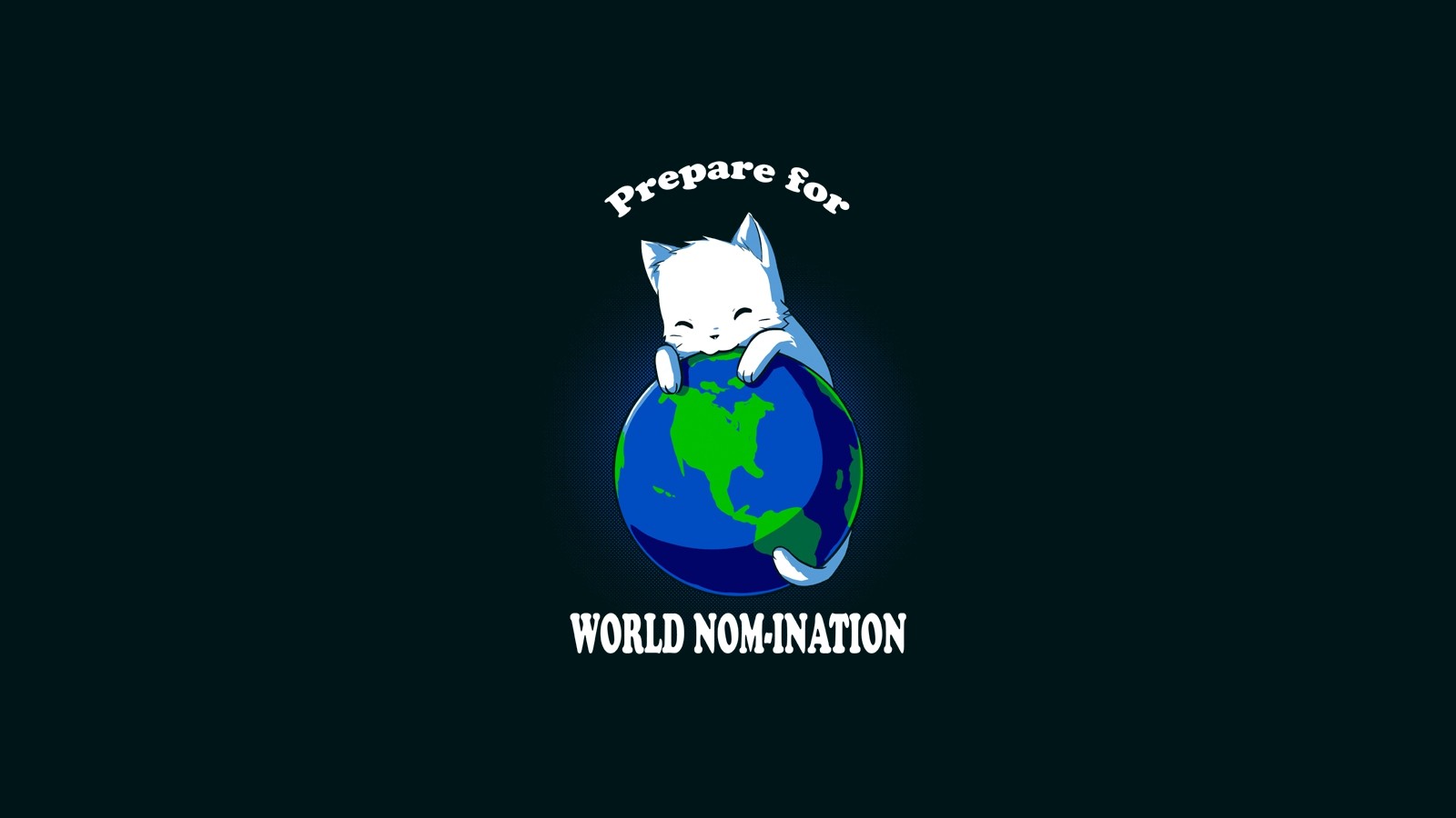 White kitten hugging planet Earth with text HD Wallpaper